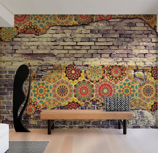 Background & Patterns Wallpaper Wall Mural - Brick Wall and Mosaic 39"Wx27"H
