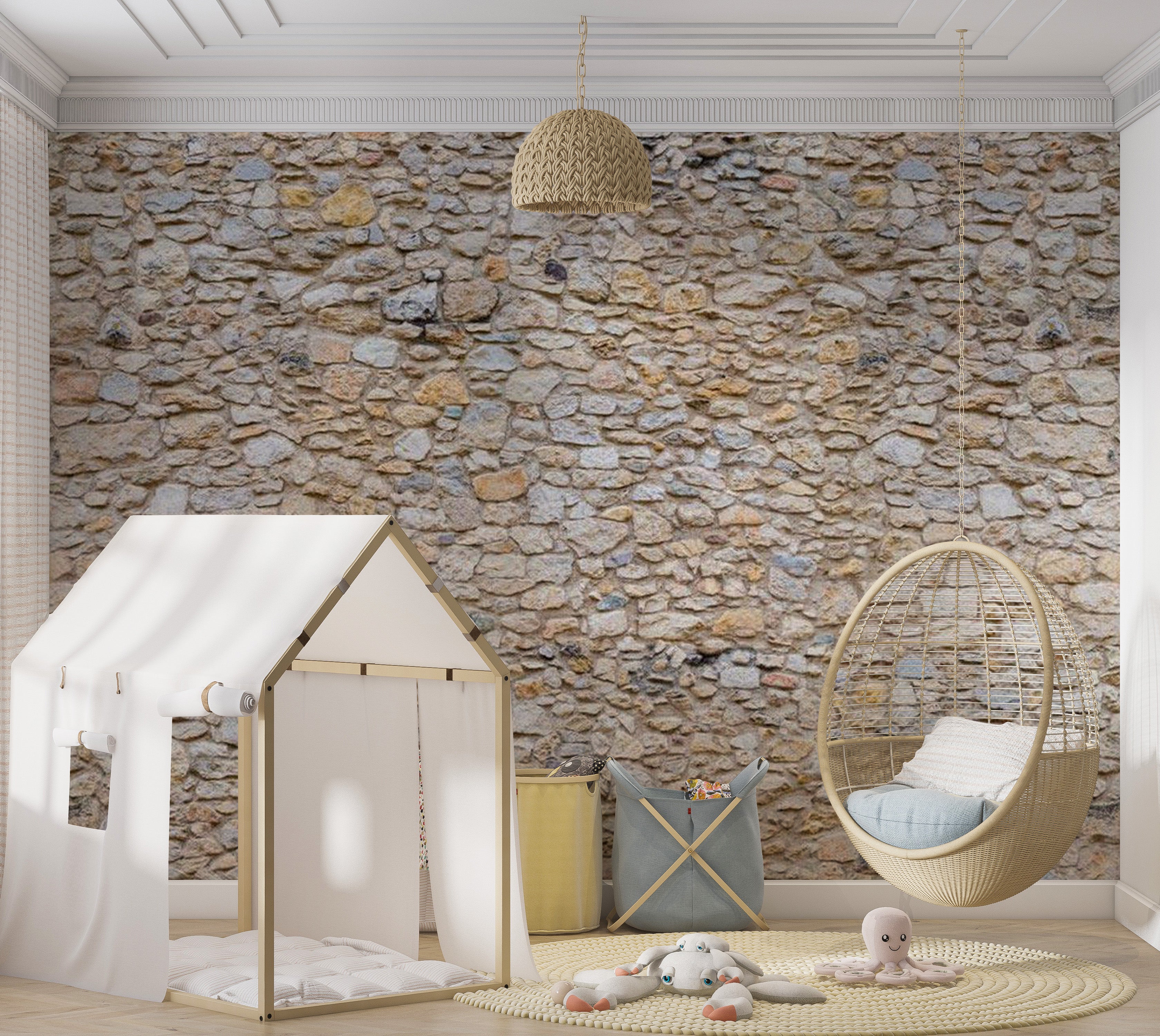 Background & Patterns Wallpaper Wall Mural - Stacked Pebbles Stone Wall 39"Wx27"H