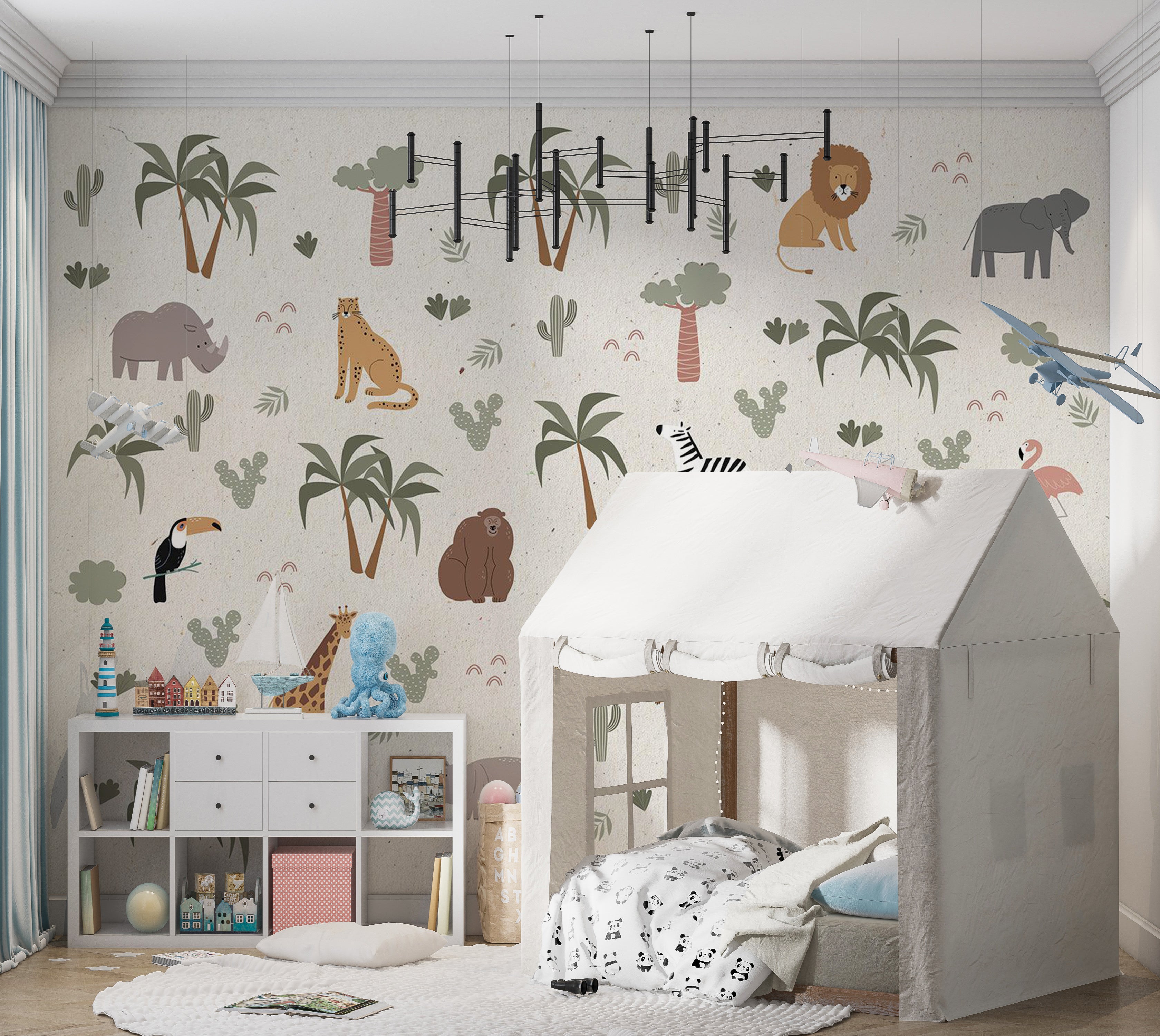 Kids Wallpaper Wall Mural - Cartoon Jungle Composition 39"Wx27"H / Standard