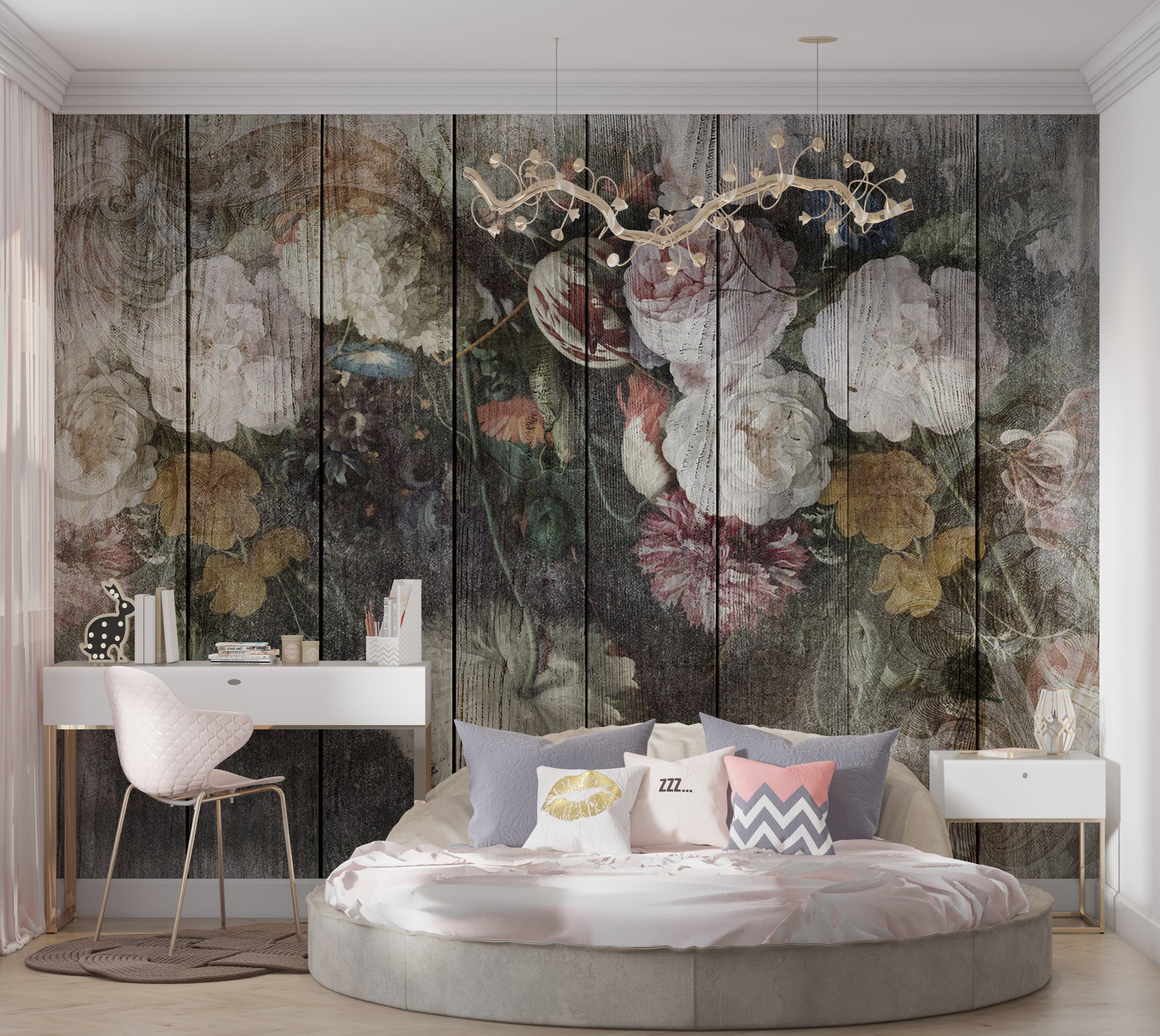 Peel & Stick Floral Wall Mural - Vintage Flowers on Wood 38"Wx27"H