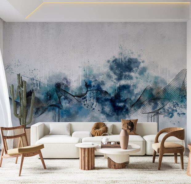 Abstract Wallpaper Wall Mural - Modern Blue Wave 39"Wx27"H / Standard