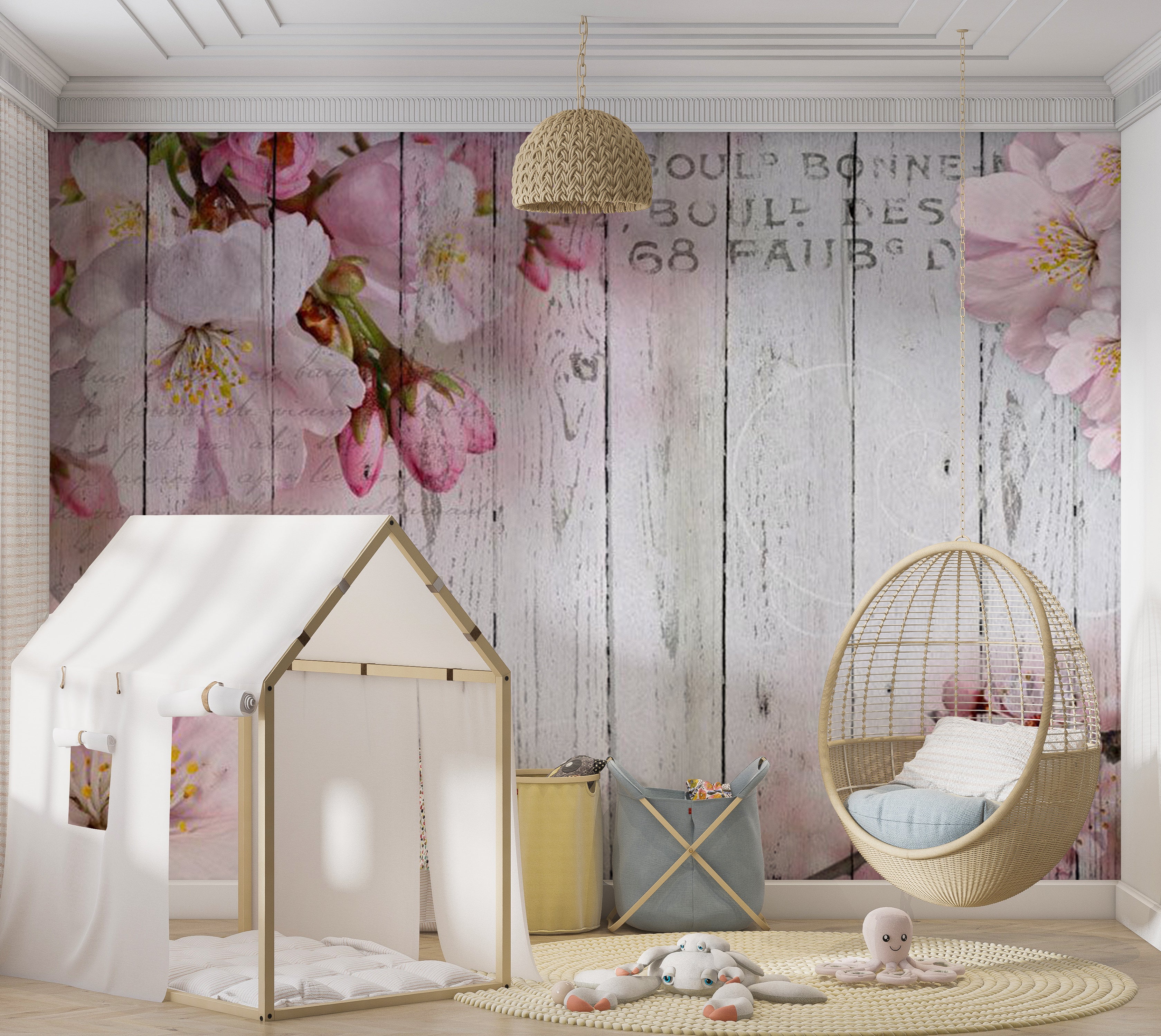 Peel & Stick Floral Wall Mural - Apple Blossoms on Vintage Wood 38"Wx27"H