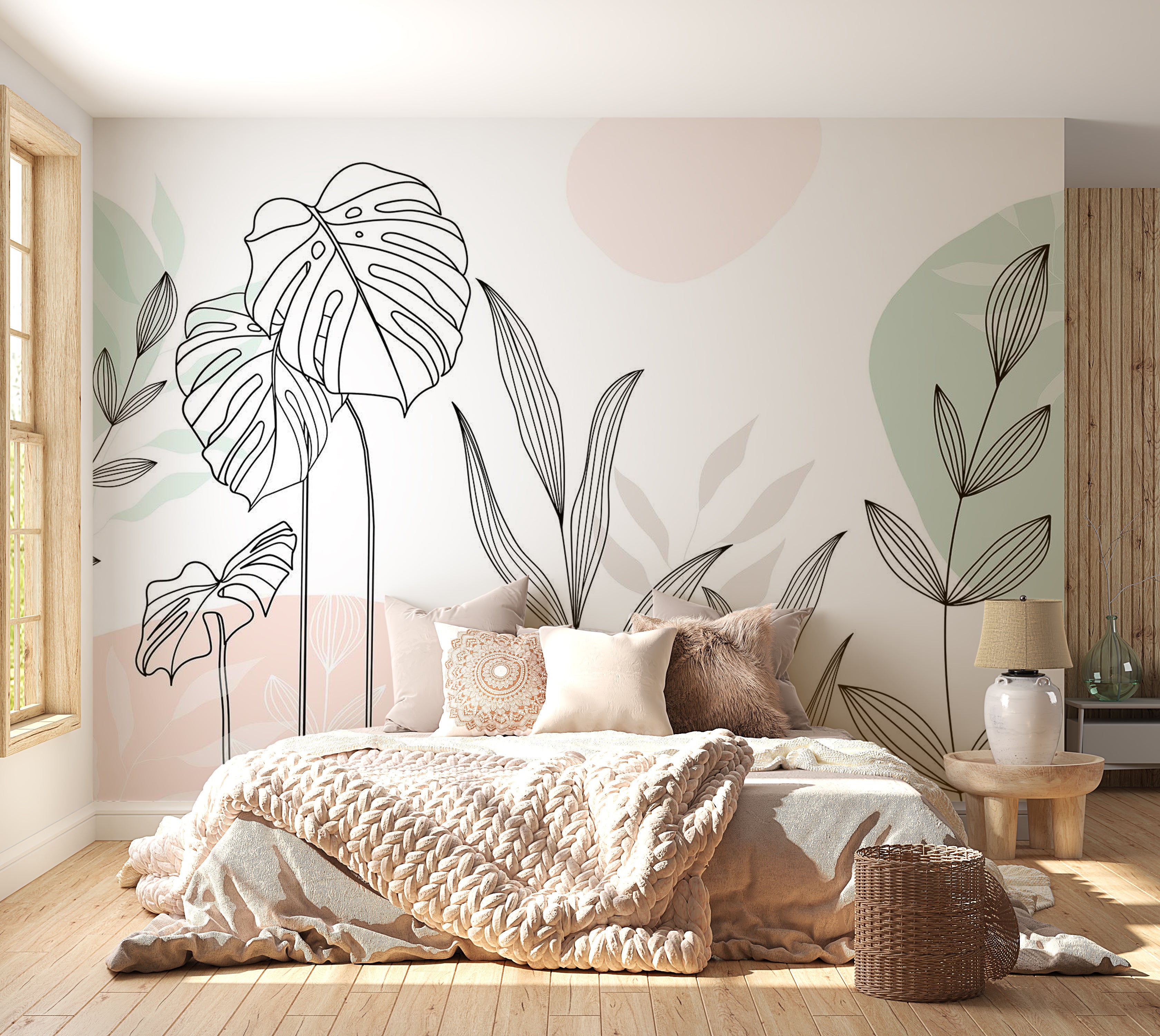 Botanical Wallpaper Wall Mural - Leaves in Pastels 39"Wx27"H / Standard