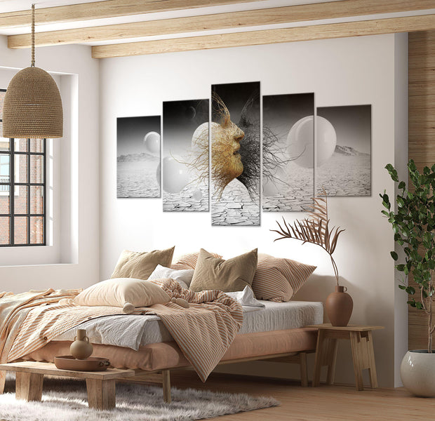 Abstract Canvas Wall Art - Woven Faces Golden - 5 Pieces