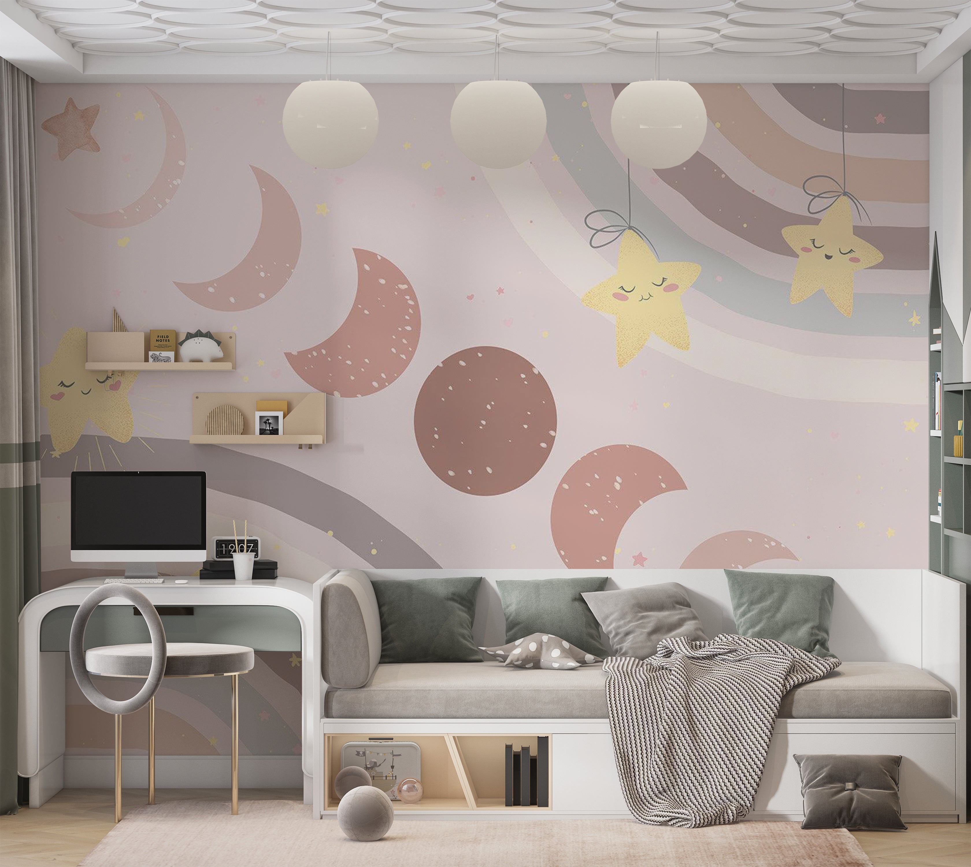 Peel & Stick Kids Wall Mural - Moon Among Stars and Rainbows 38"Wx27"H