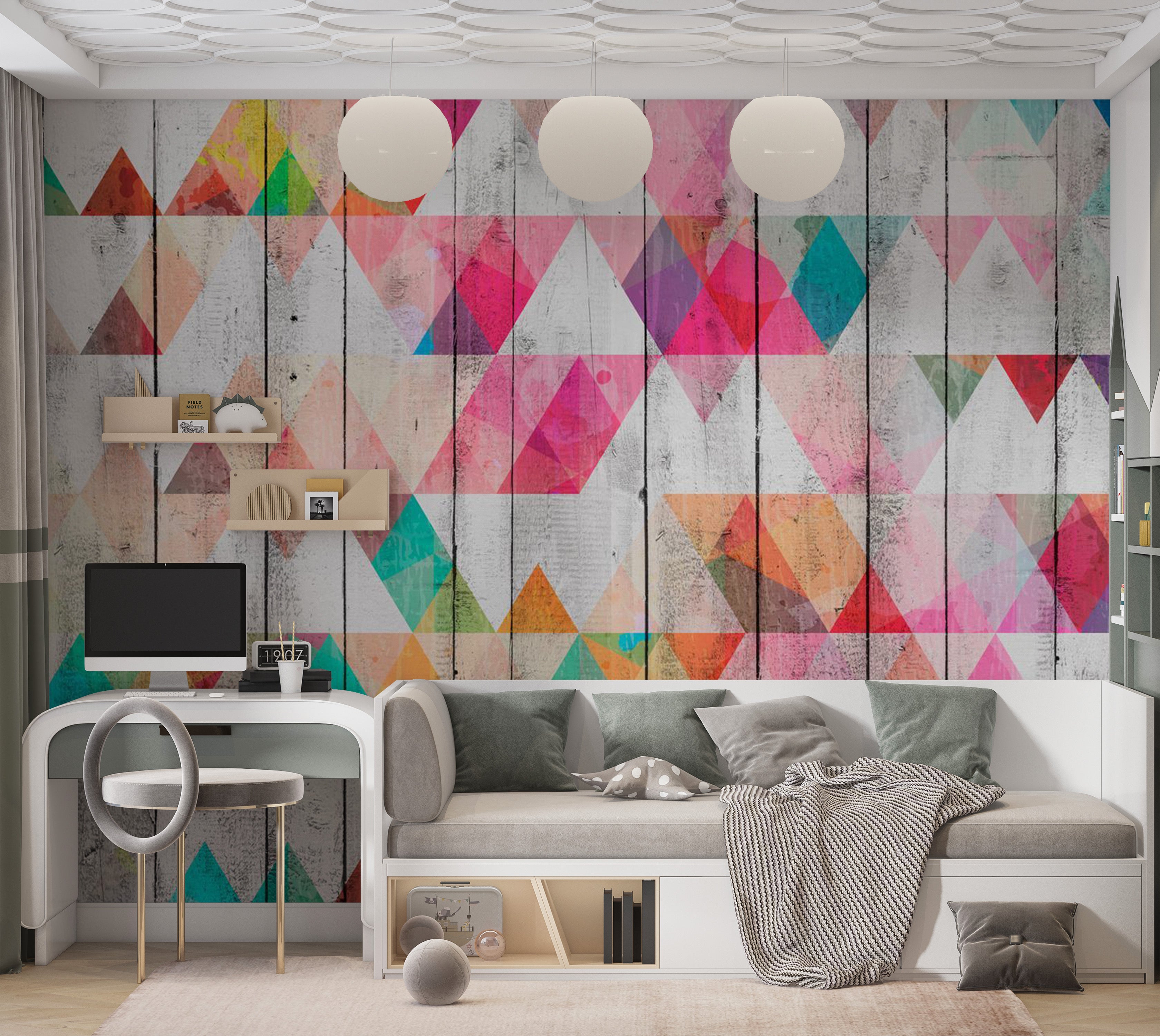 Background & Patterns Wallpaper Wall Mural - Rainbow Triangles on Wood 39"Wx27"H