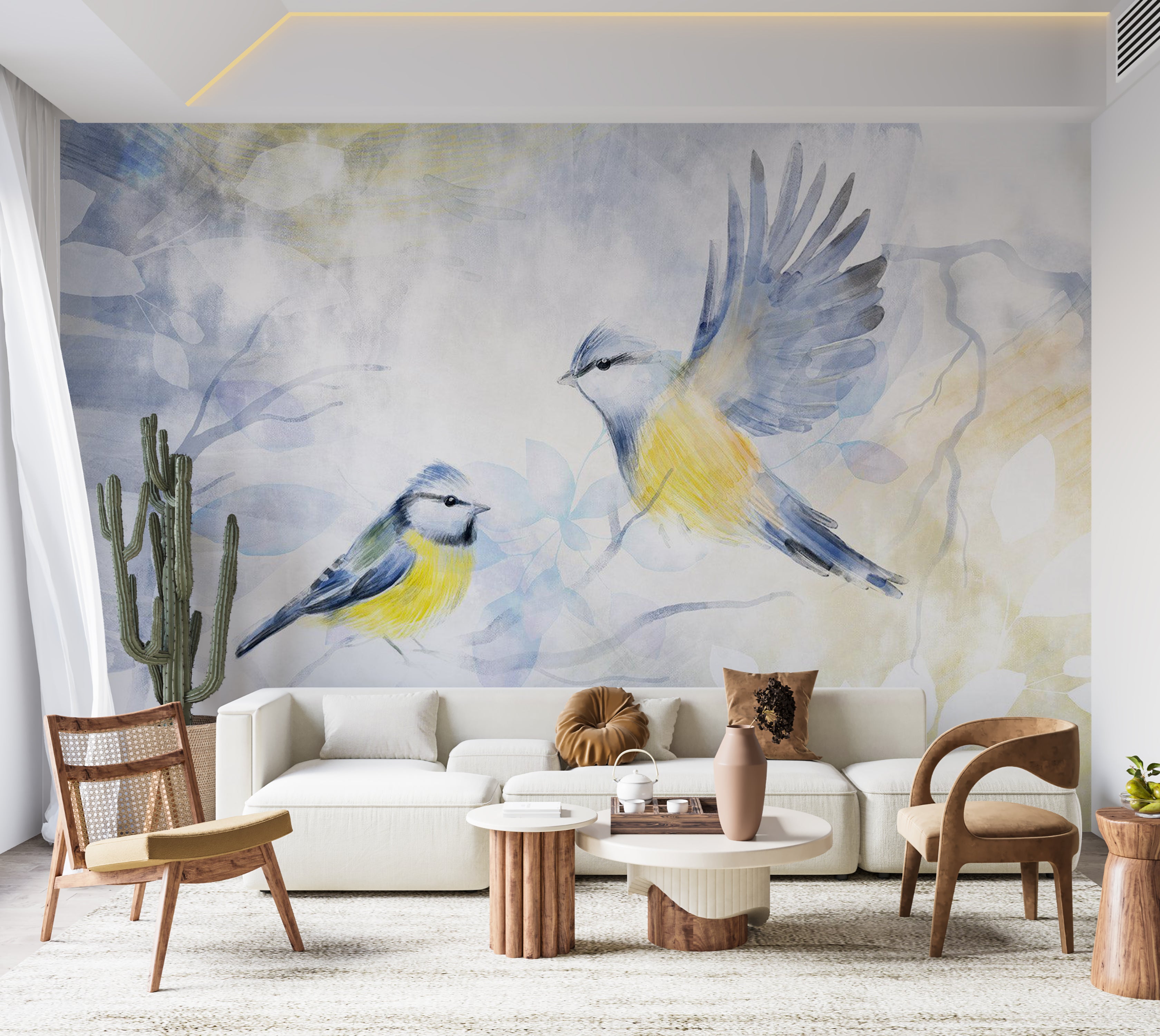 Animal Wallpaper Wall Mural - Watercolor Birds Blue 39"Wx27"H / Standard