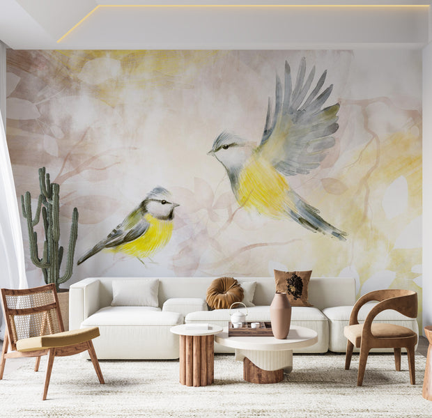 Animal Wallpaper Wall Mural - Watercolor Birds Yellow 39"Wx27"H / Standard