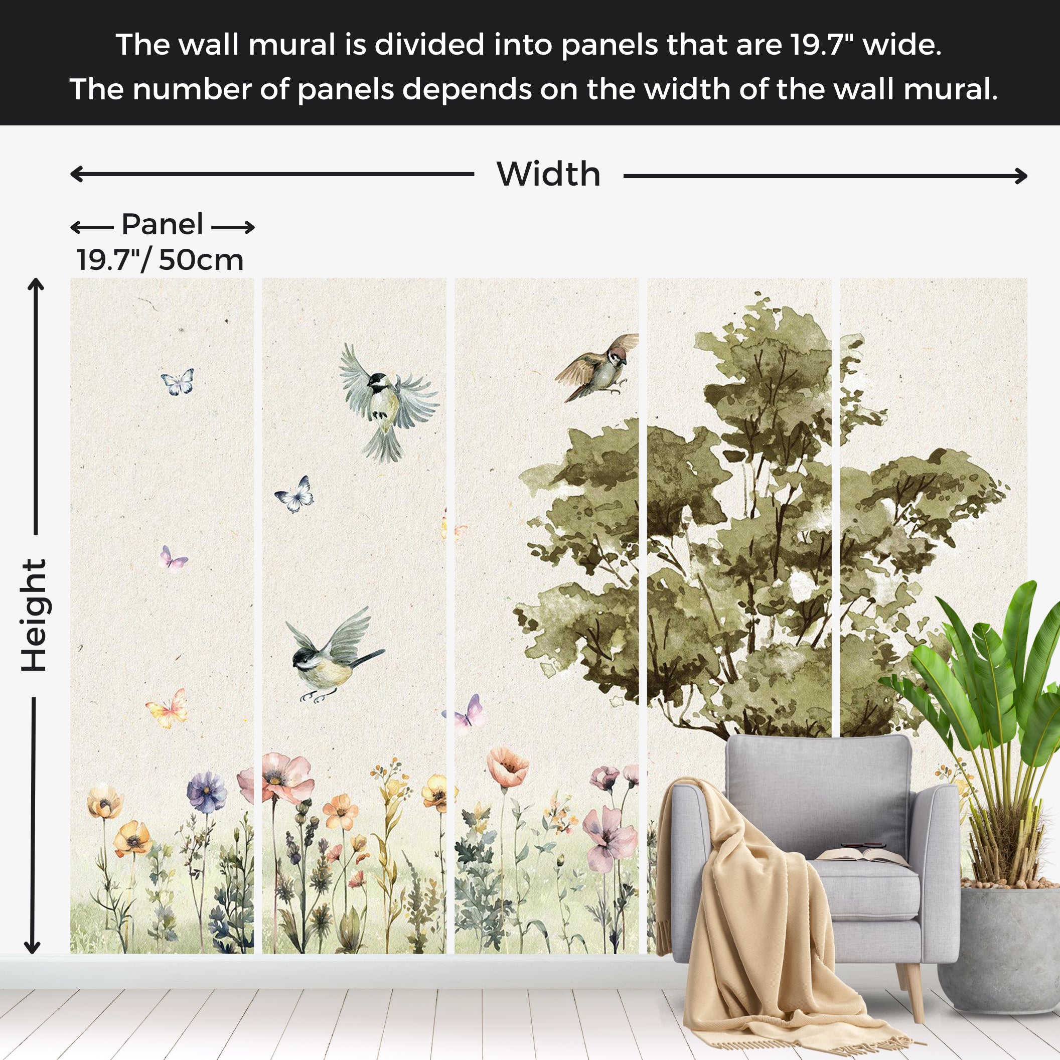 Kids Wallpaper Wall Mural - Flowers Painted in Watercolors 39"Wx27"H / Standard