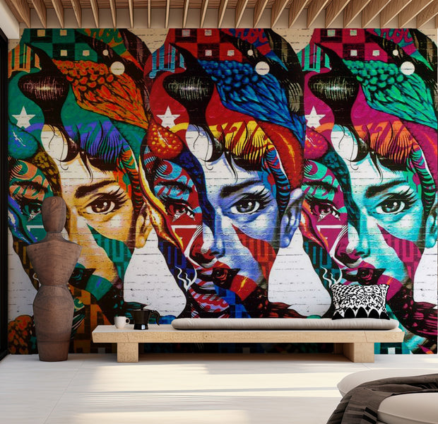 Abstract Wallpaper Wall Mural - Colorful Faces 39"Wx27"H