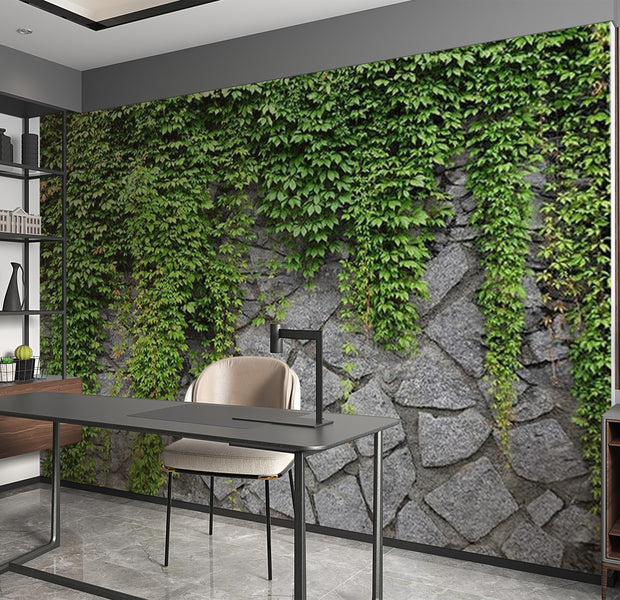 Background & Patterns Wallpaper Wall Mural - Stone Wall With Plants 39"Wx27"H