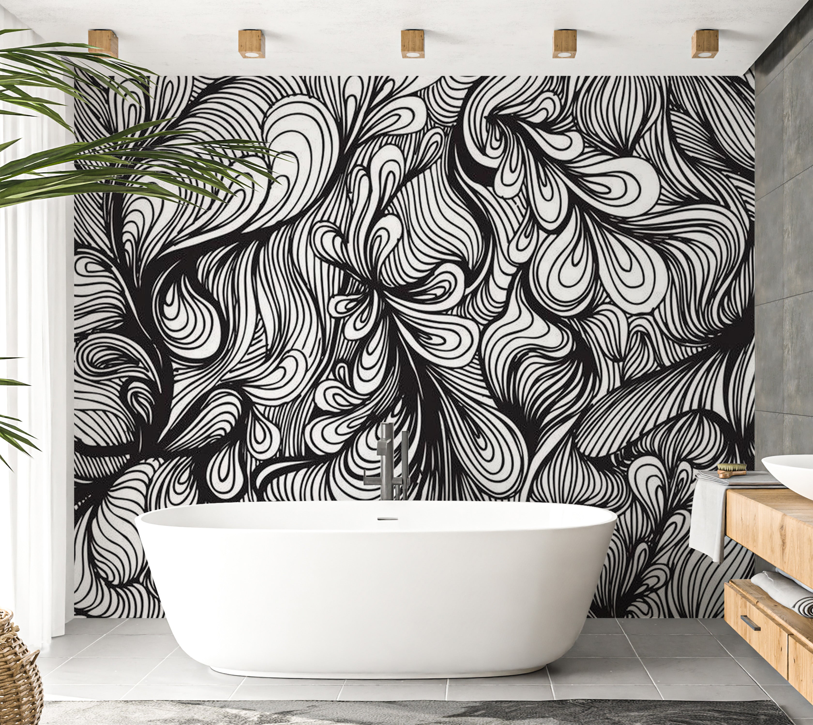 Abstract Wallpaper Wall Mural - Black And White Retro Style 118"Wx90"H