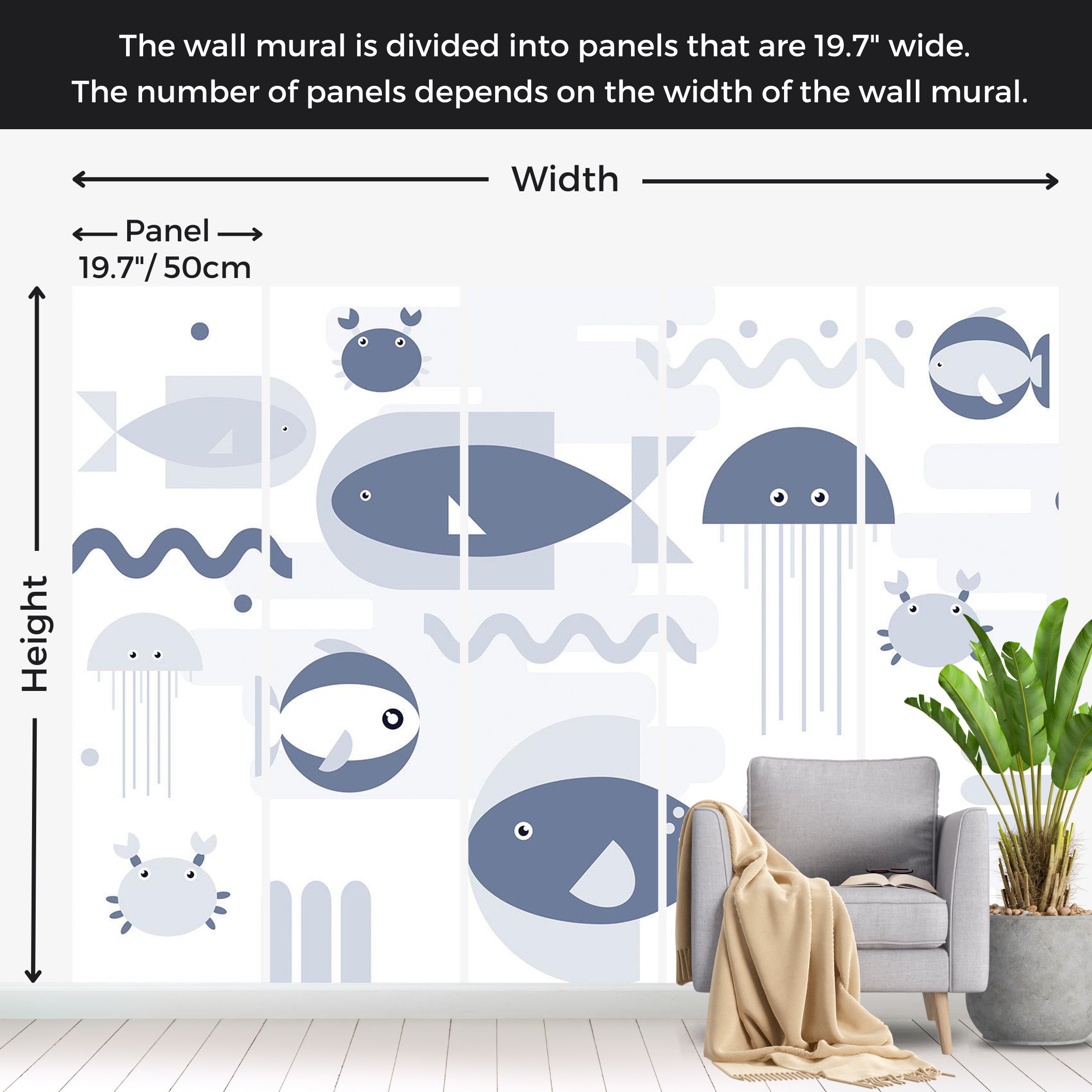 Kids Wallpaper Wall Mural - Geometric Fish and Crabs 39"Wx27"H / Standard