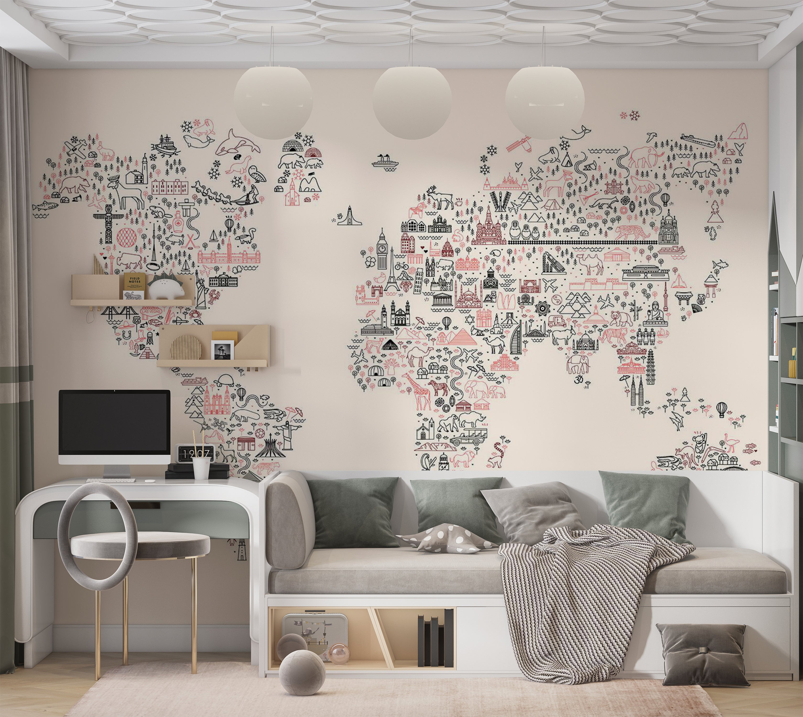 Peel & Stick Kids Wall Mural - Worlf Map With Icons 38"Wx27"H