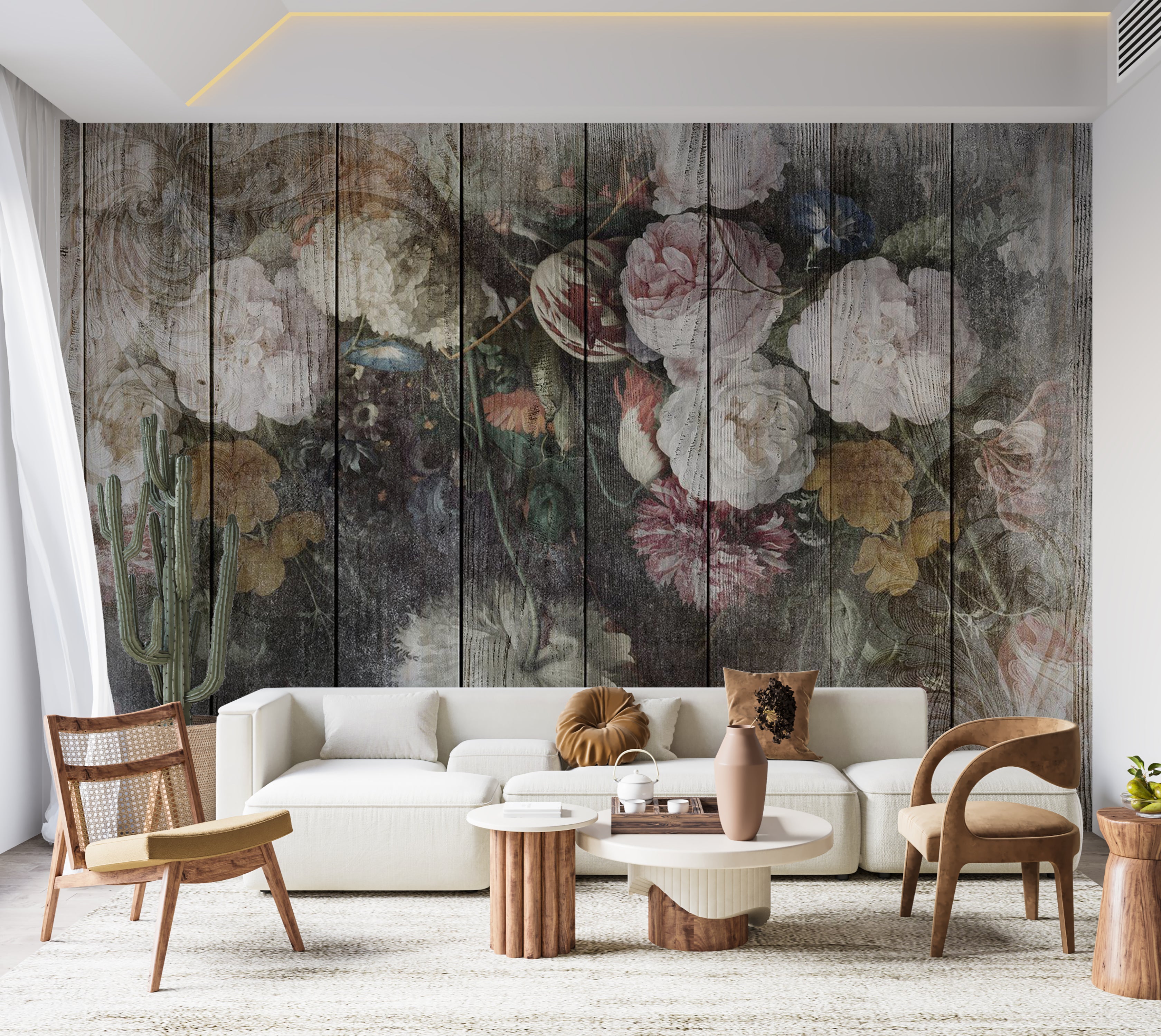 Floral Wallpaper Wall Mural - Vintage Flowers on Wood 39"Wx27"H / Standard