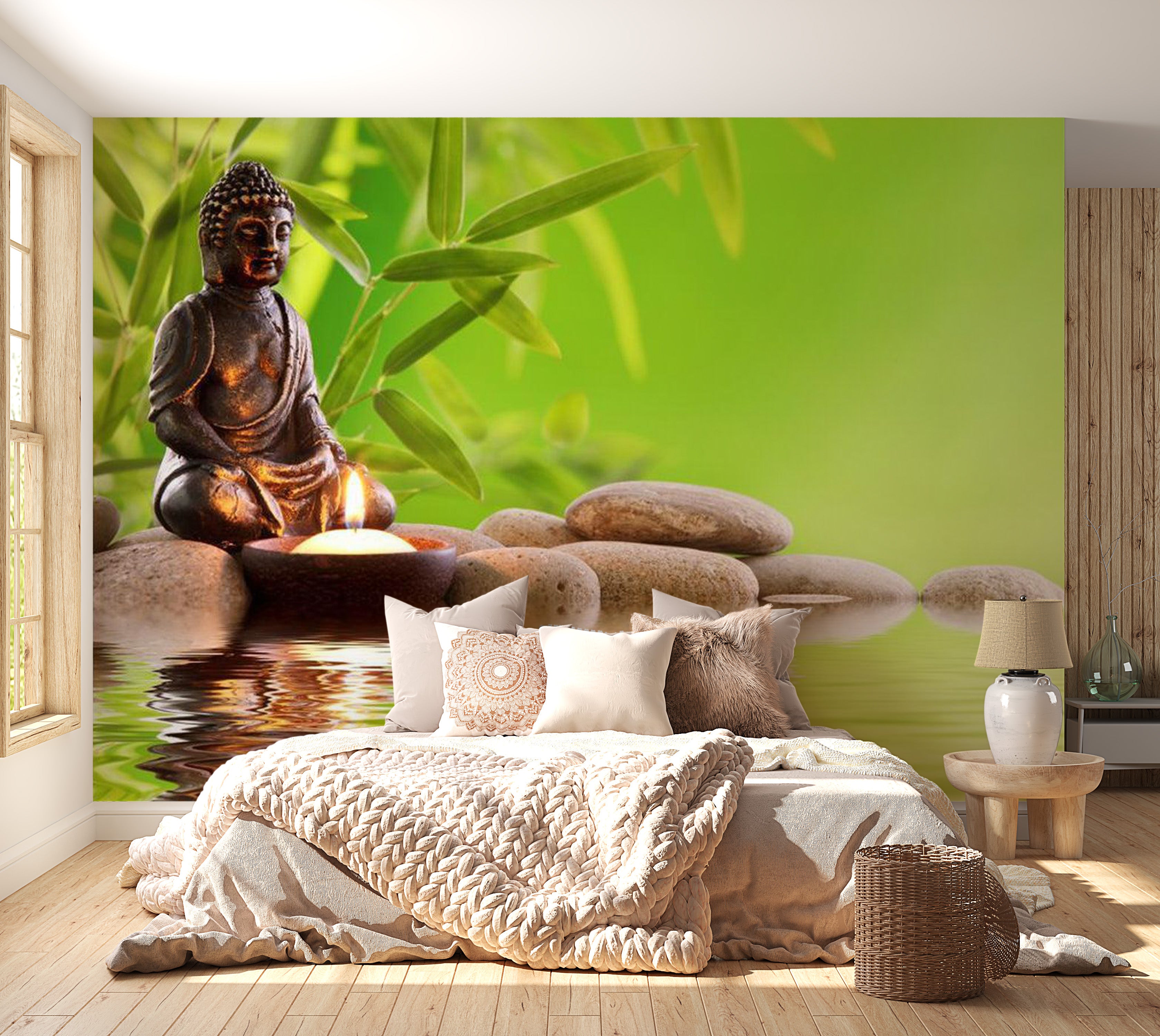 Zen Wallpaper Wall Mural - Buddha With Candlelight 118"Wx90"H