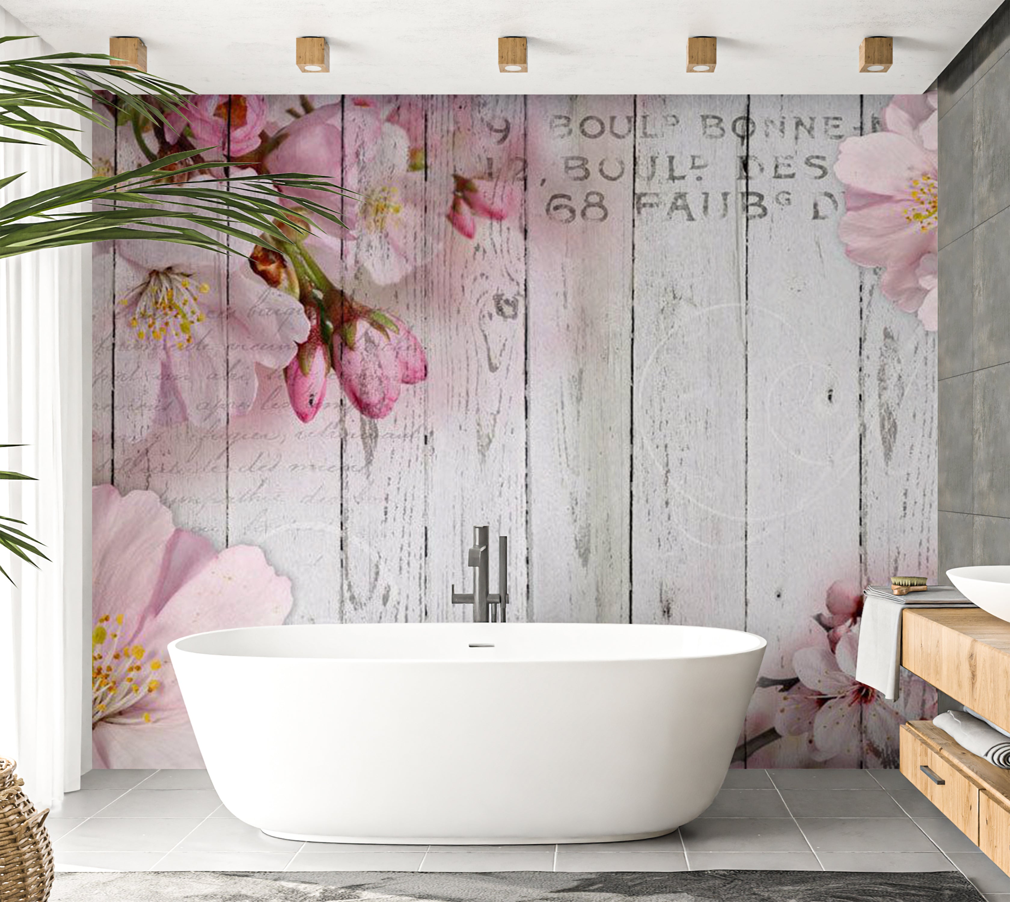 Peel & Stick Floral Wall Mural - Apple Blossoms on Vintage Wood 38"Wx27"H