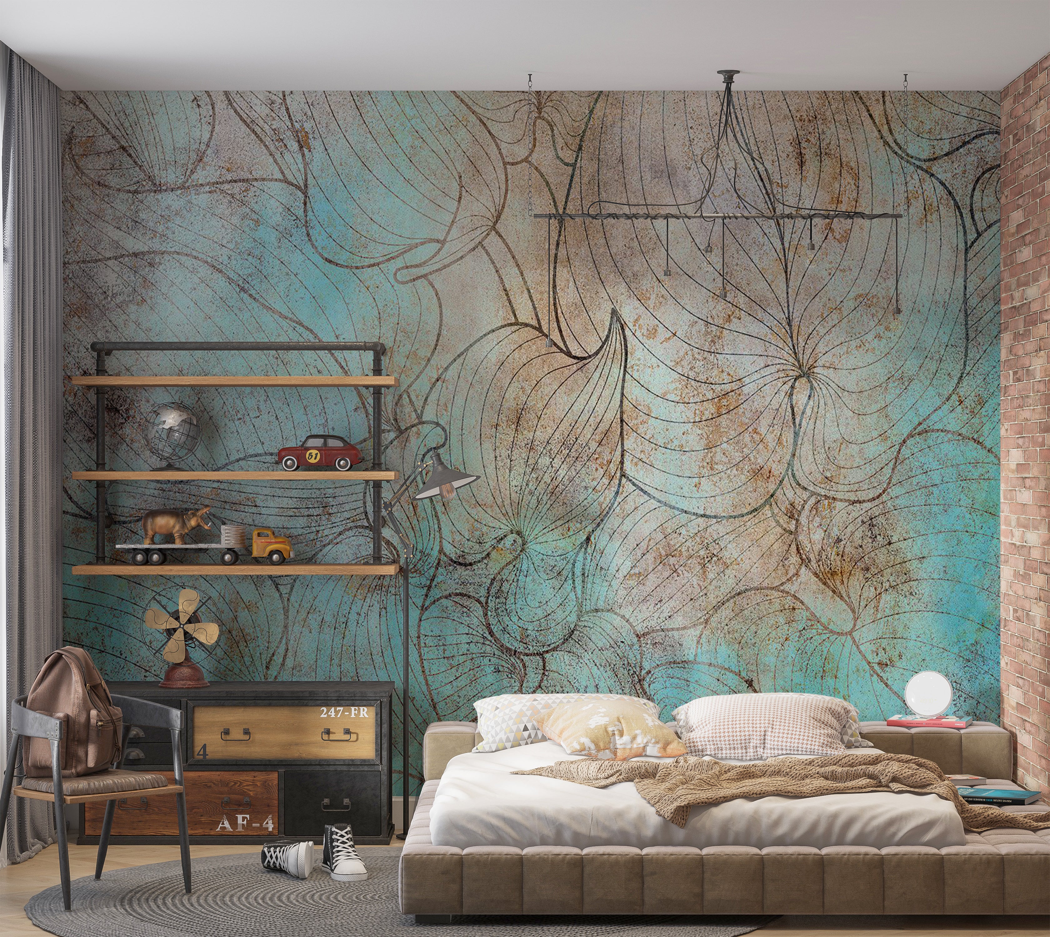 Peel & Stick Botanical Wall Mural - Leaves in Blue 38"Wx27"H