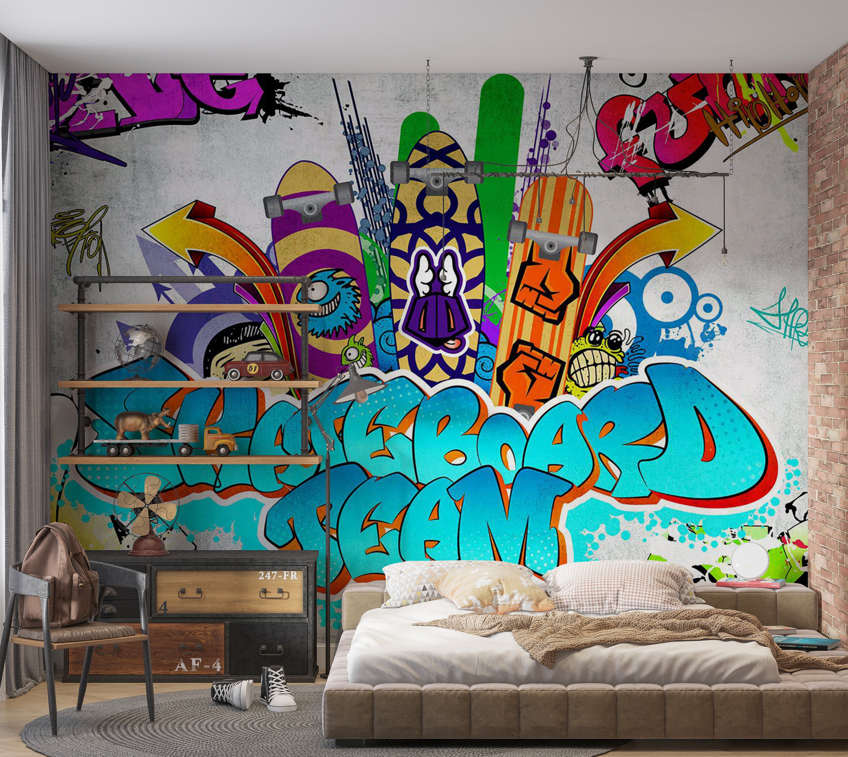 Peel & Stick Street Art Wall Mural - Skateboard Team 38"Wx27"H