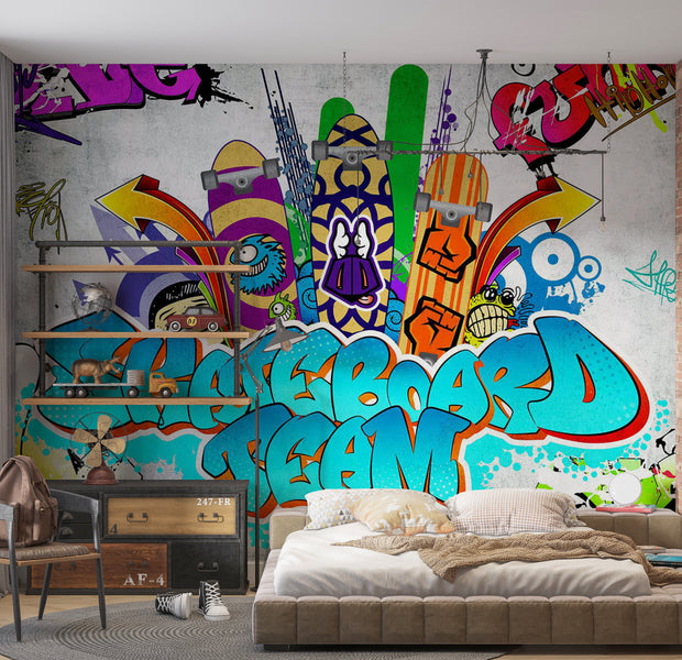 Peel & Stick Street Art Wall Mural - Skateboard Team 38"Wx27"H