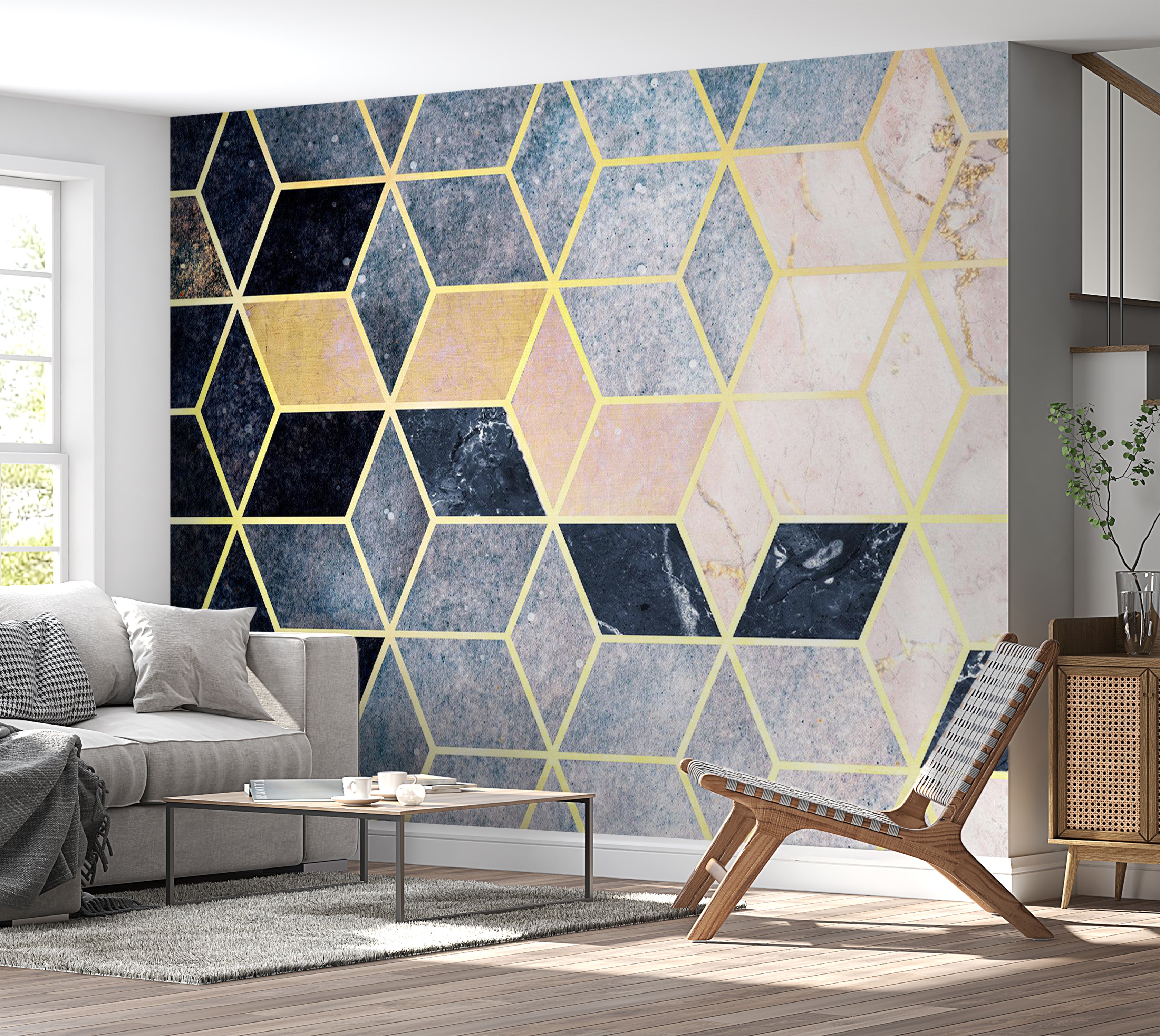 Abstract Wallpaper Wall Mural - Blue Geometric Pattern 39"Wx27"H / Standard