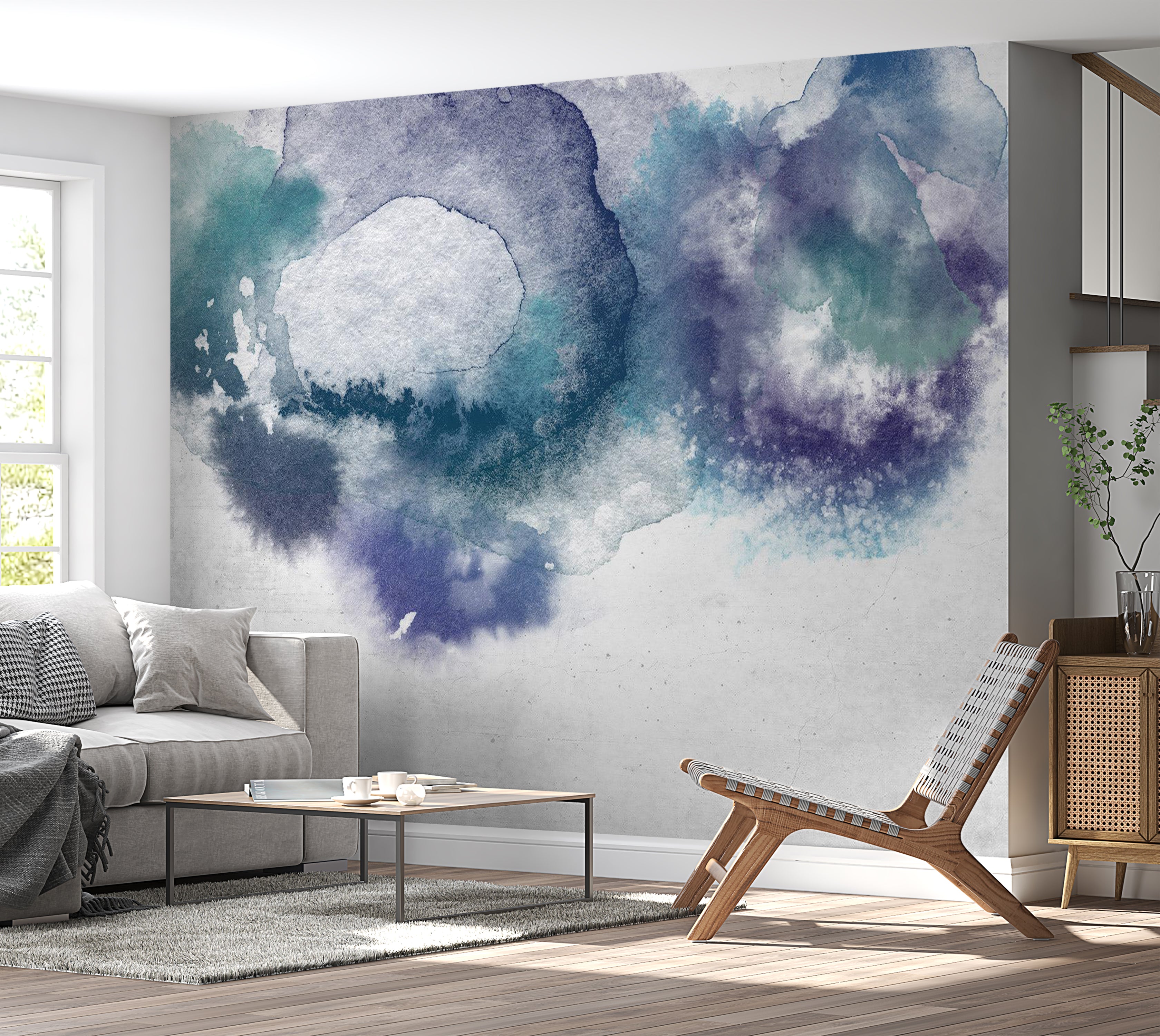 Abstract Wallpaper Wall Mural - Blue Watercolor Drops 39"Wx27"H / Standard