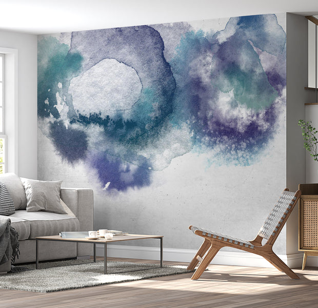 Abstract Wallpaper Wall Mural - Blue Watercolor Drops 39"Wx27"H / Standard