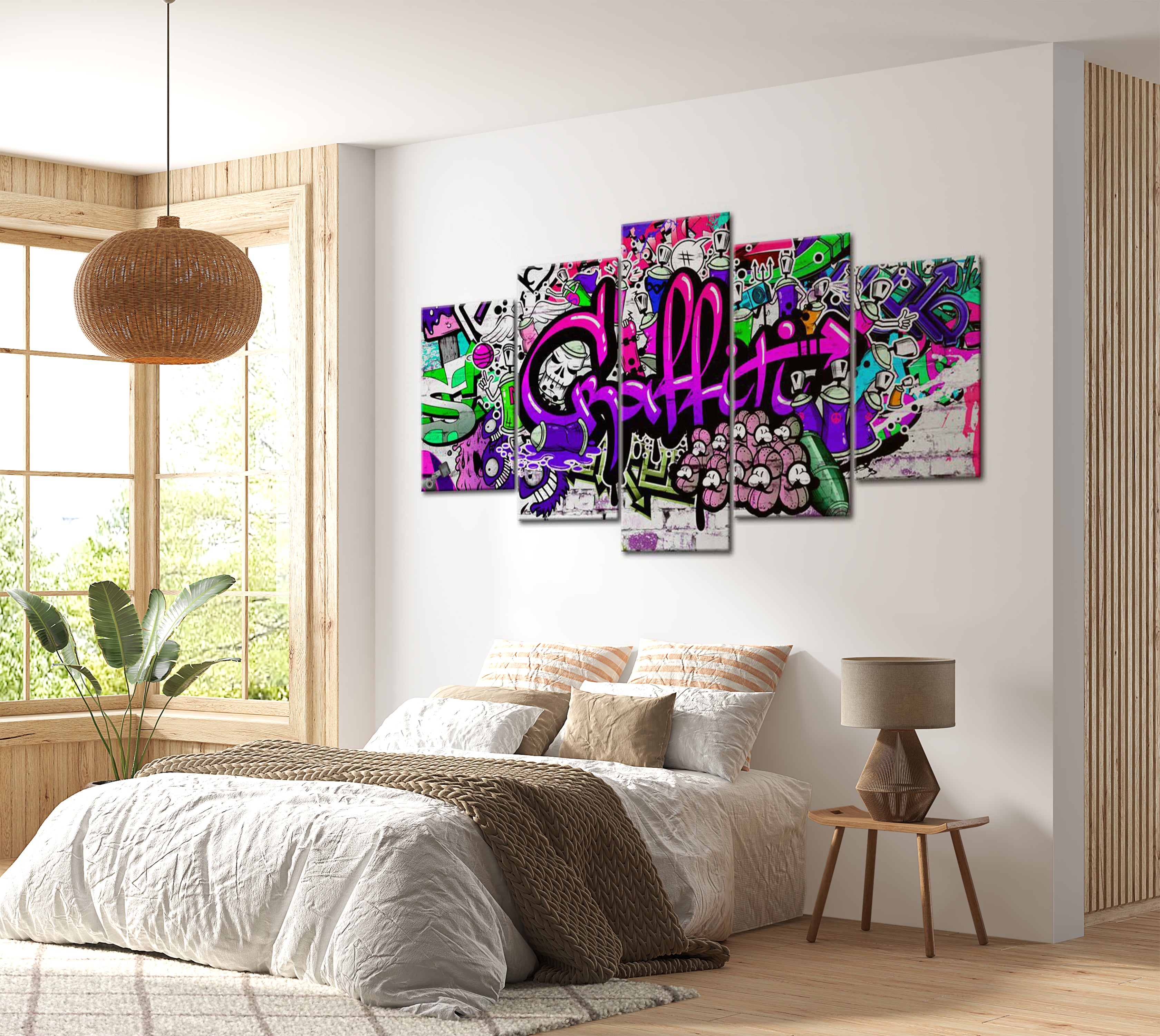 Stretched Canvas Street Art - Graffiti Purple Violet  - 5 Pieces 40"Wx20"H