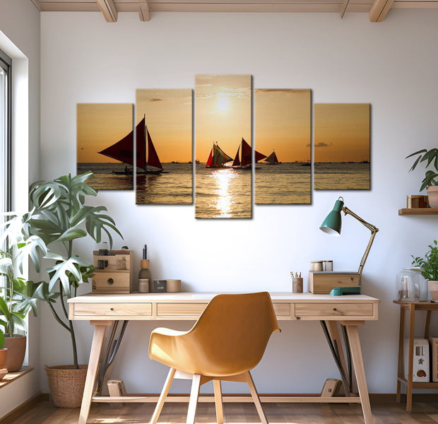Stretched Canvas Landscape Art - Sailbloats At Dusk 40"Wx20"H
