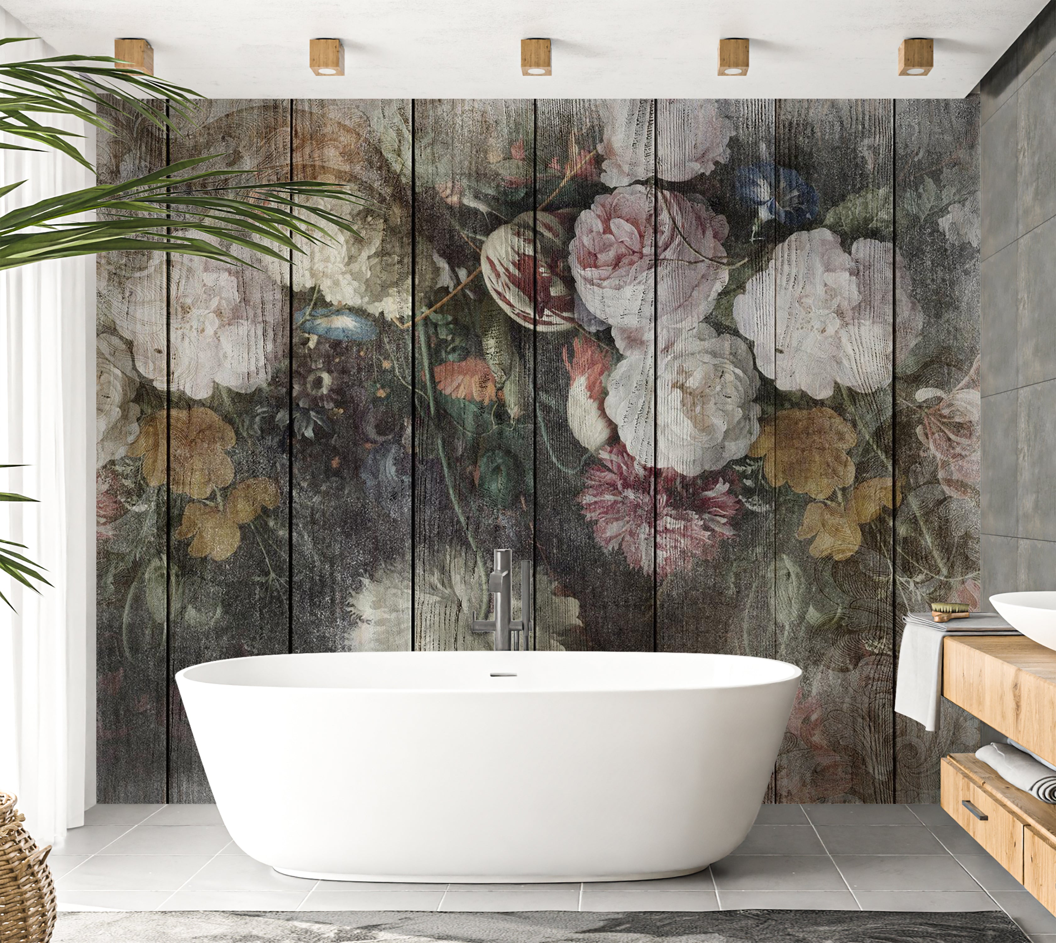 Peel & Stick Floral Wall Mural - Vintage Flowers on Wood 38"Wx27"H