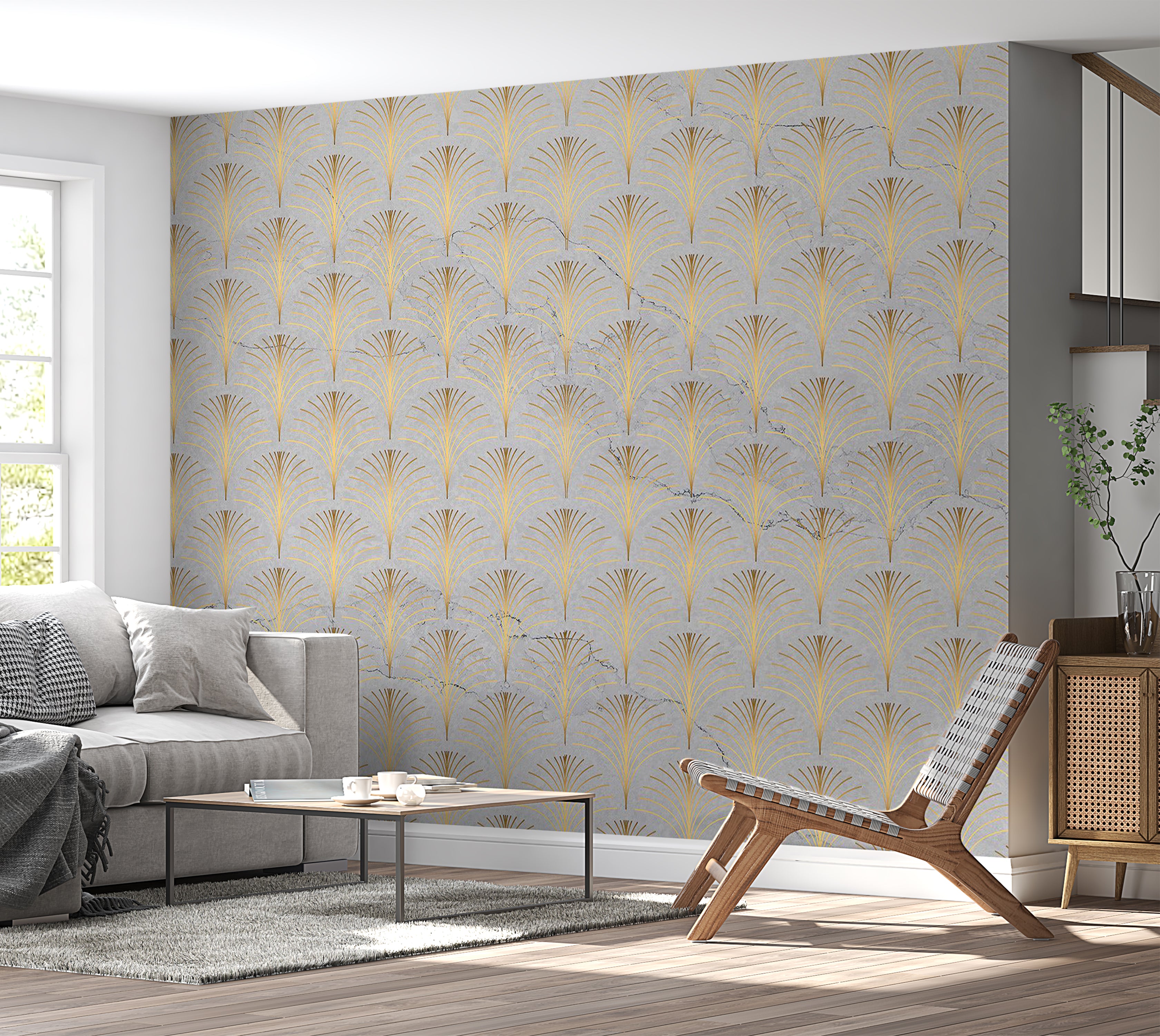 Abstract Wallpaper Wall Mural - Linear Pattern With Gold 39"Wx27"H / Standard