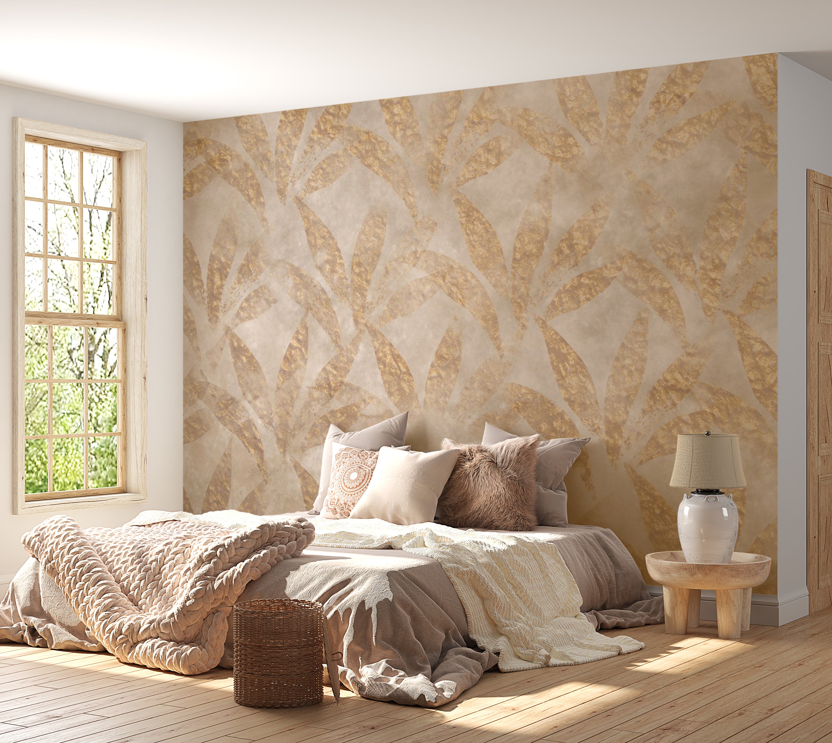 Botanical Wallpaper Wall Mural - Leaves and Gold 39"Wx27"H / Standard