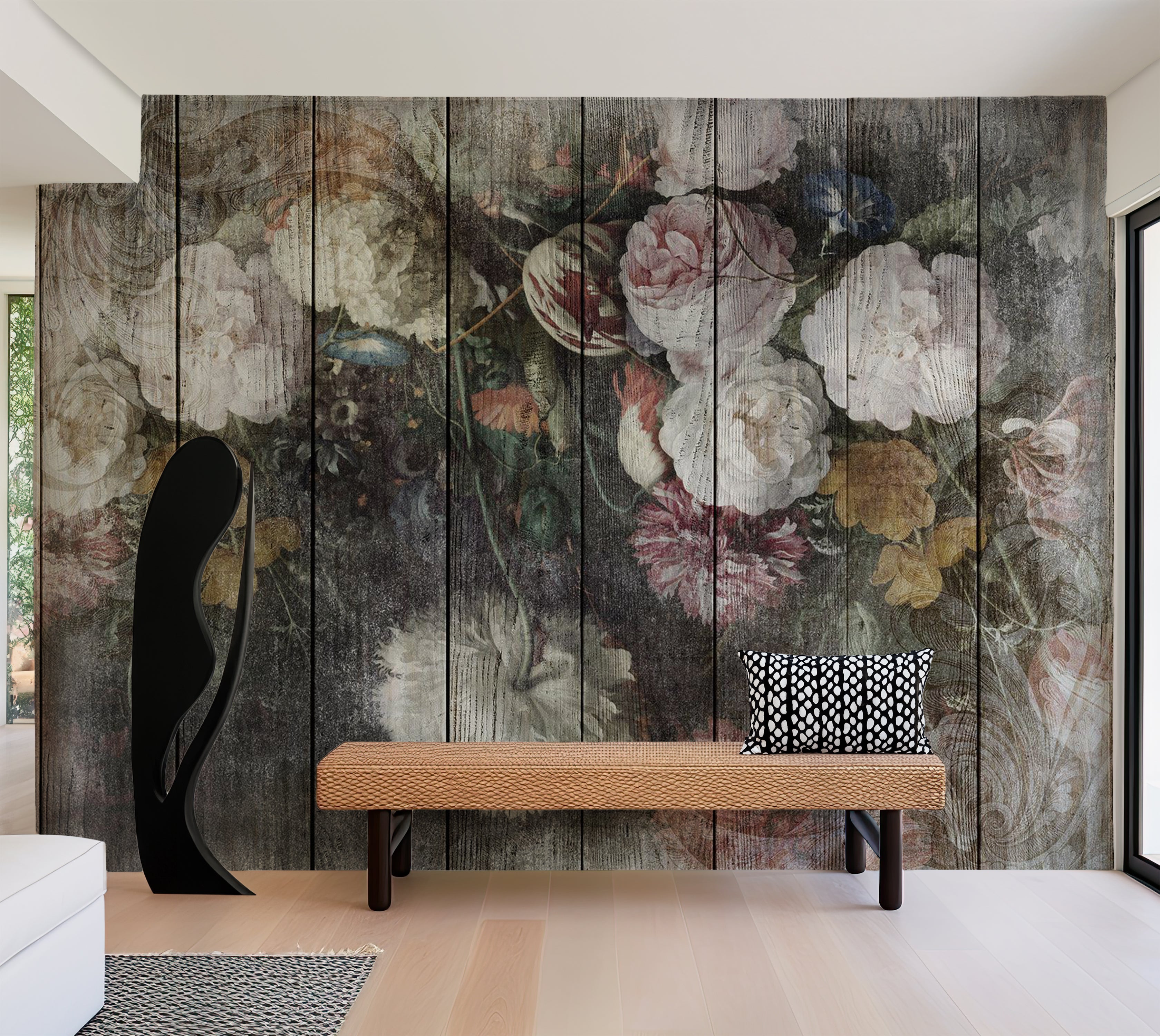 Peel & Stick Floral Wall Mural - Vintage Flowers on Wood 38"Wx27"H