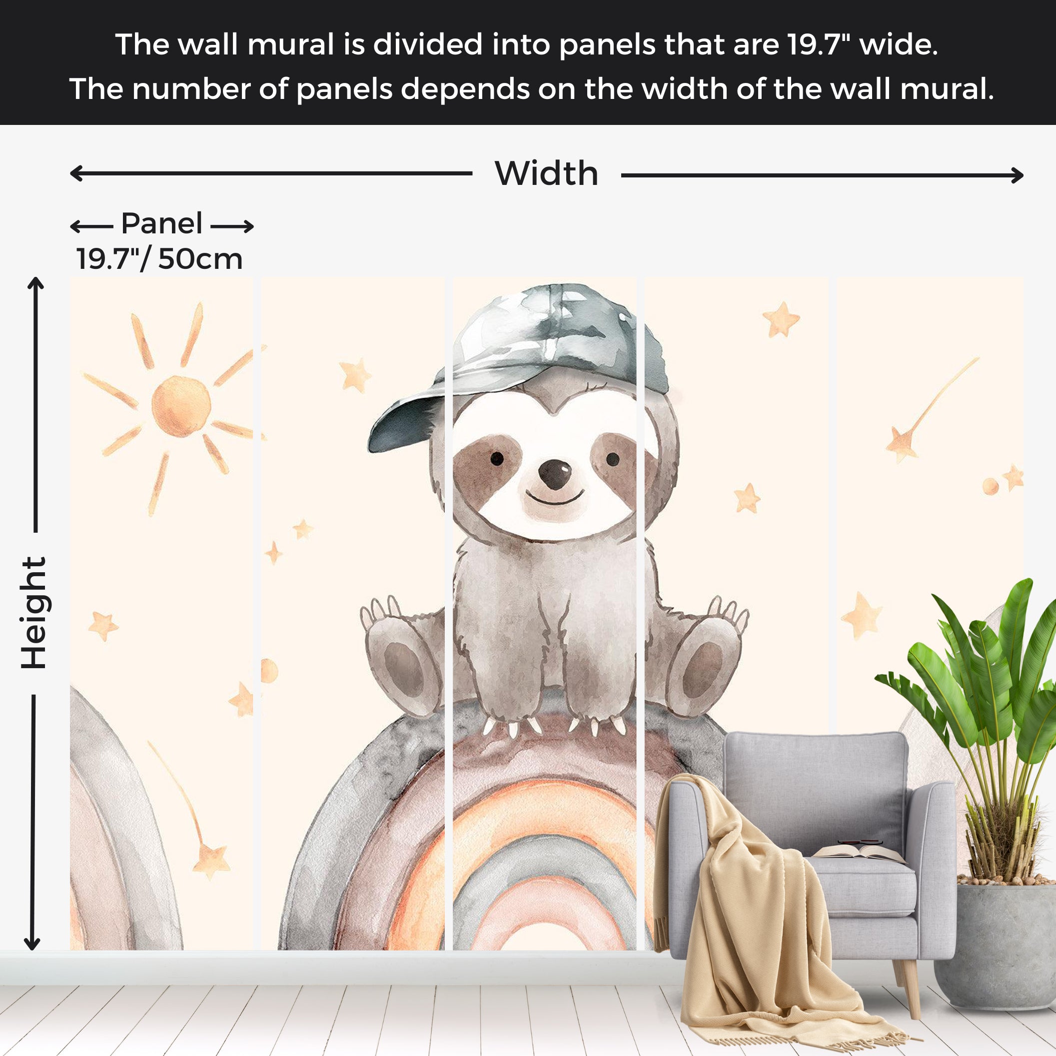 Kids Wallpaper Wall Mural - Little Sloth on a Rainbow 39"Wx27"H / Standard