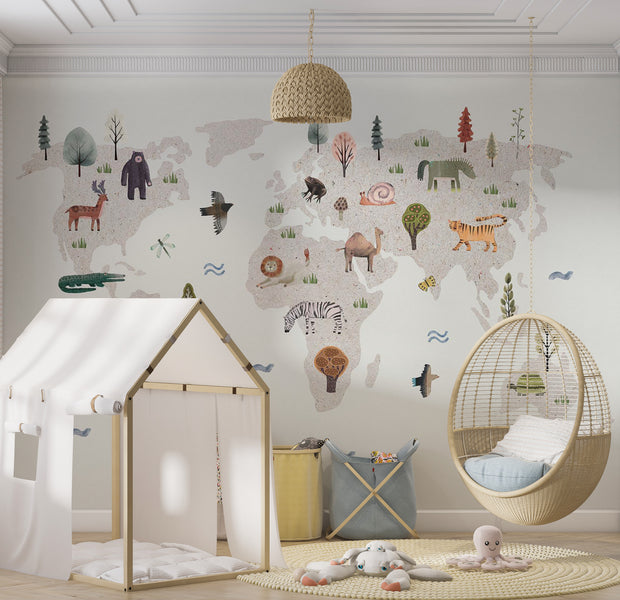 Peel & Stick Kids Wall Mural - Beige World Map With Animals 38"Wx27"H
