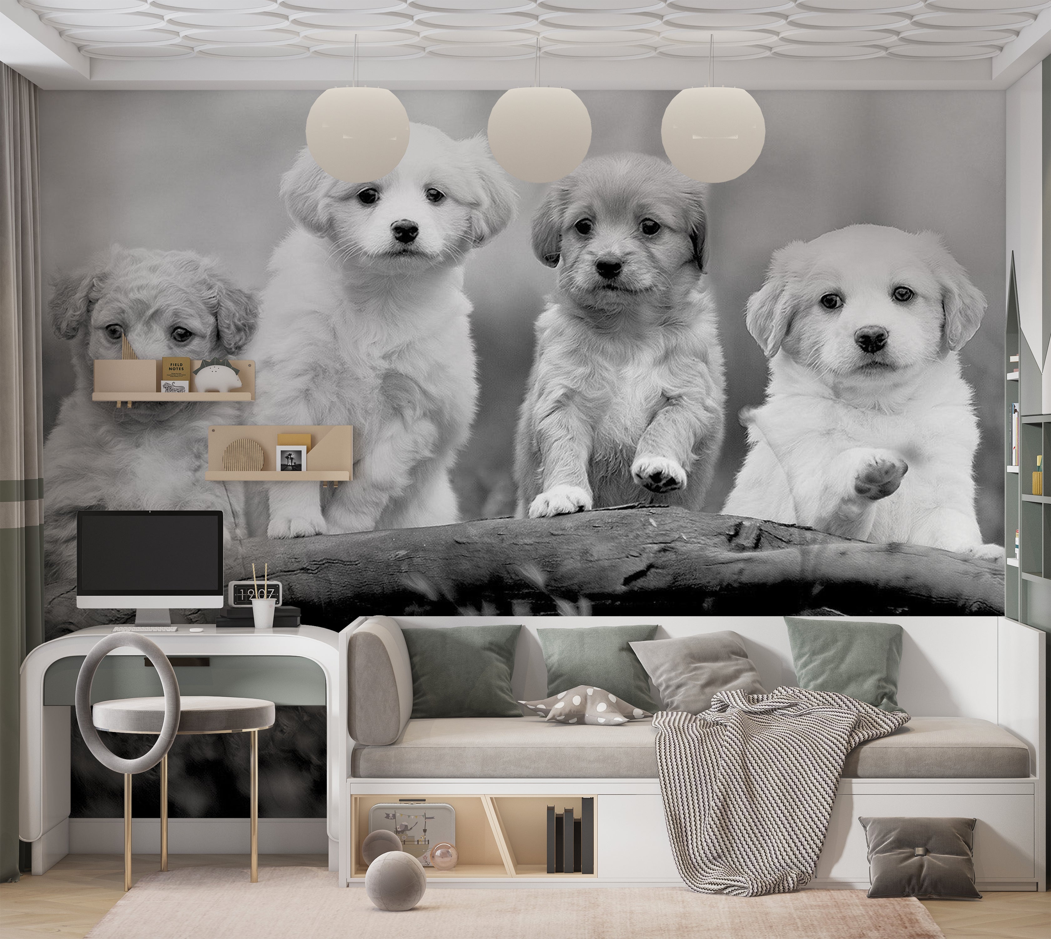 Animal Wallpaper Wall Mural - Four Puppies 39"Wx27"H / Standard