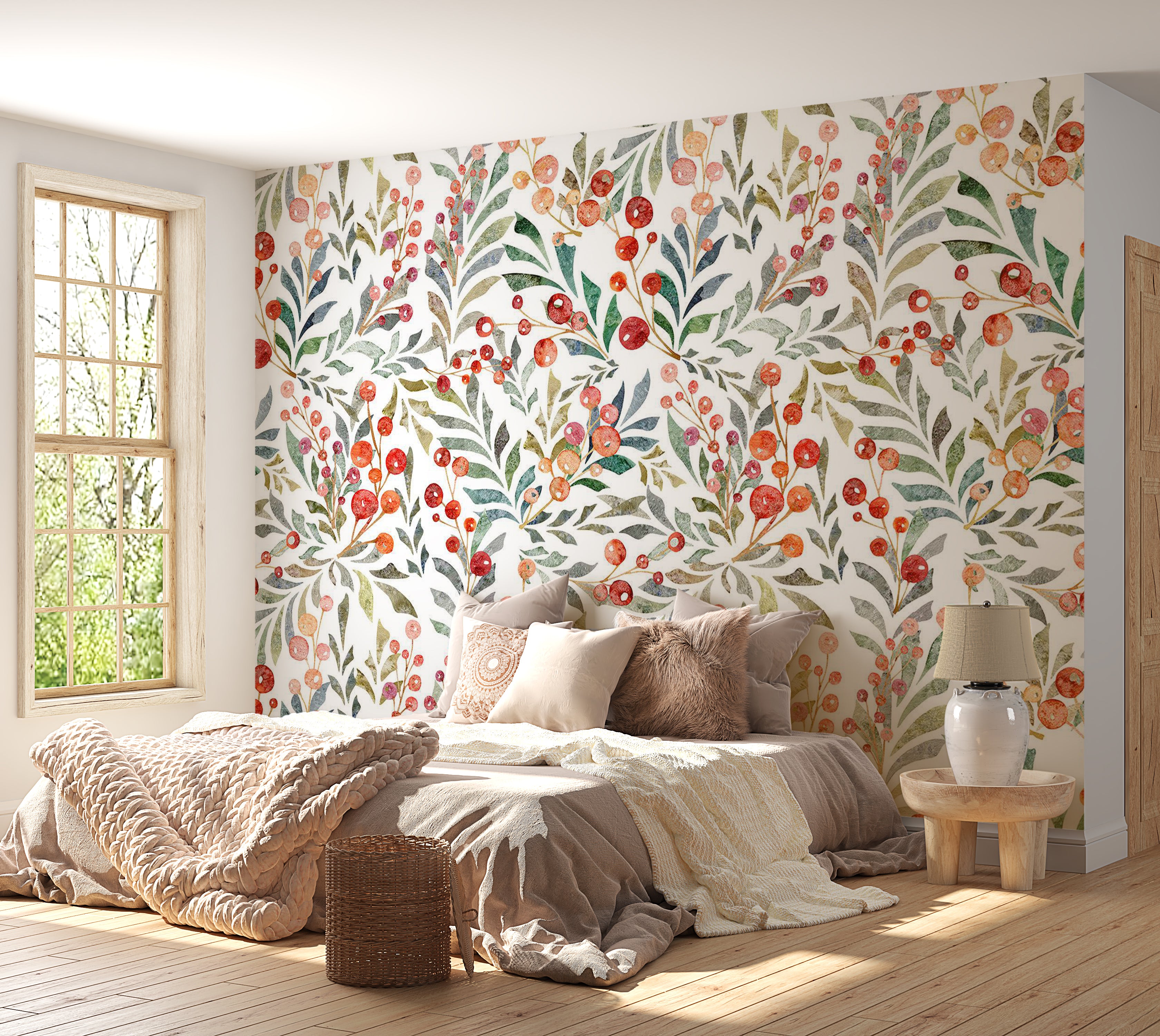 Botanical Wallpaper Wall Mural - Leaves of Red Berries 39"Wx27"H / Standard