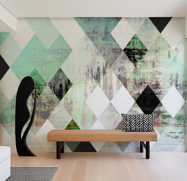 Abstract Wallpaper Wall Mural - Rhombic Chessboard Green 39"Wx27"H