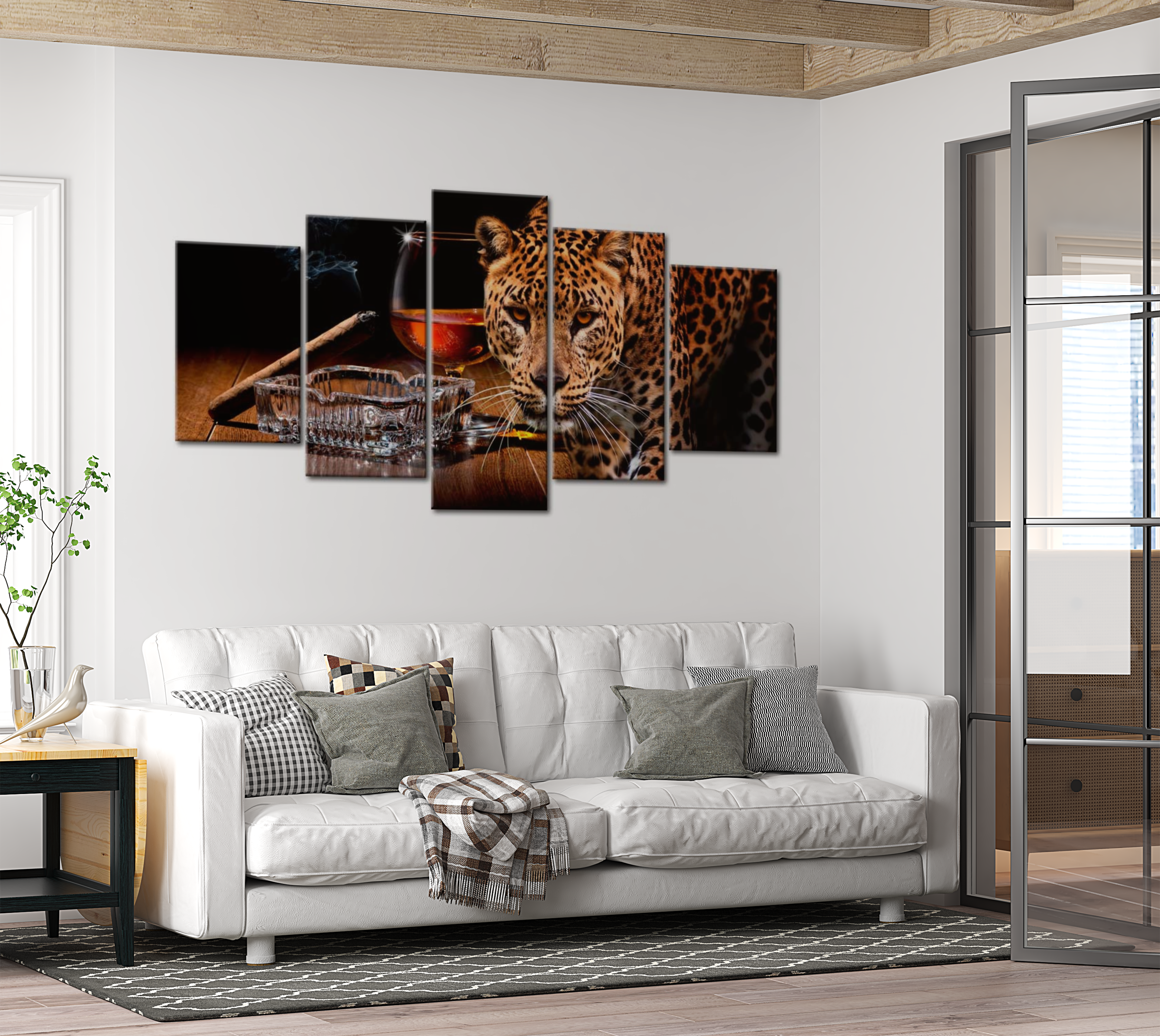 Animal Canvas Wall Art - Leopard Drink - 5 Pieces