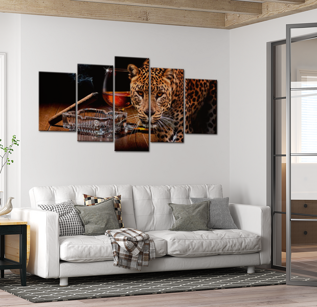 Animal Canvas Wall Art - Leopard Drink - 5 Pieces