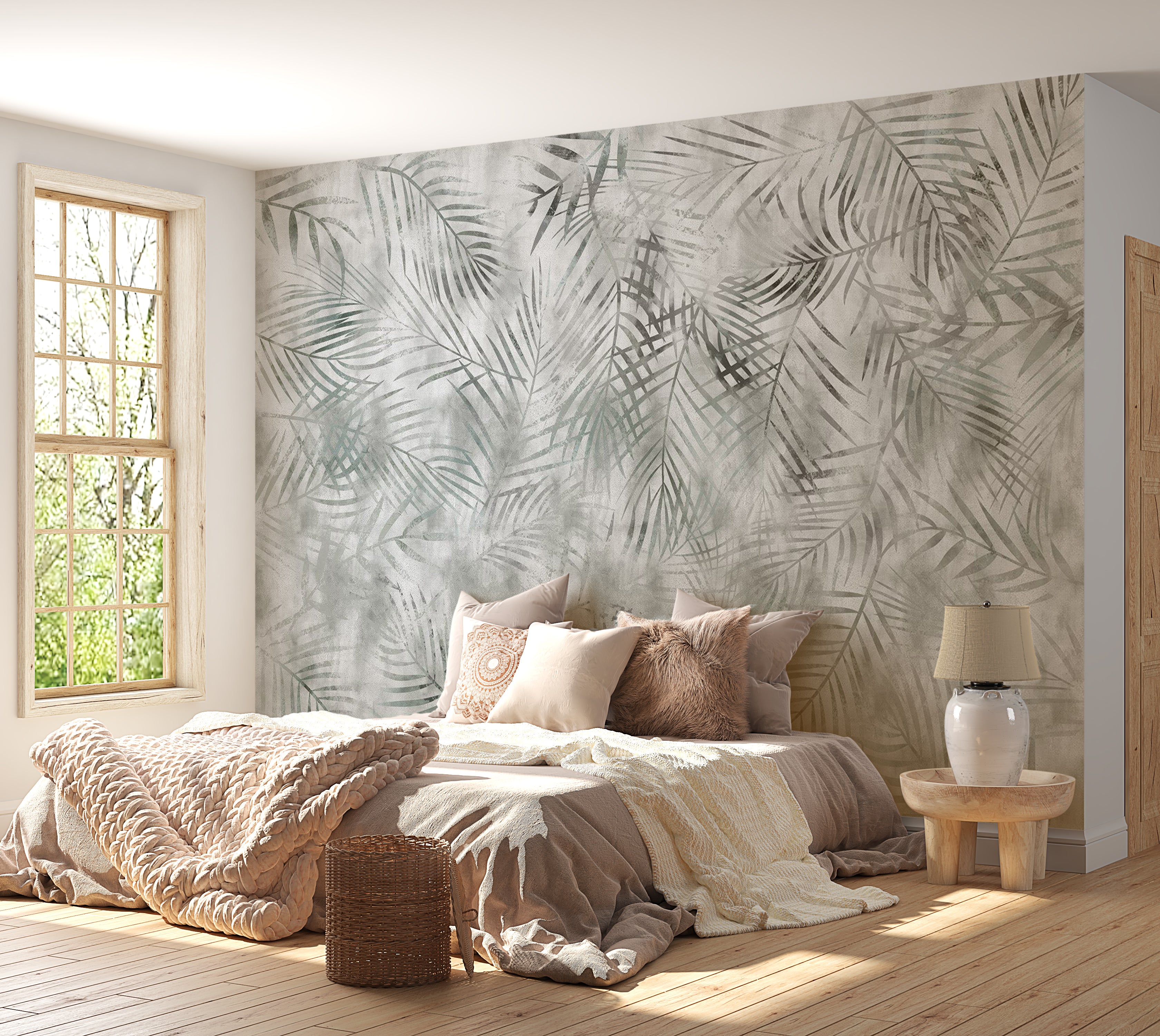 Botanical Wallpaper Wall Mural - Minimalist Grey Exotic Leaves 39"Wx27"H / Standard