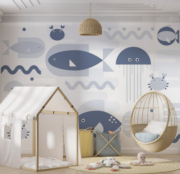Peel & Stick Kids Wall Mural - Geometric Fish and Crabs 38"Wx27"H