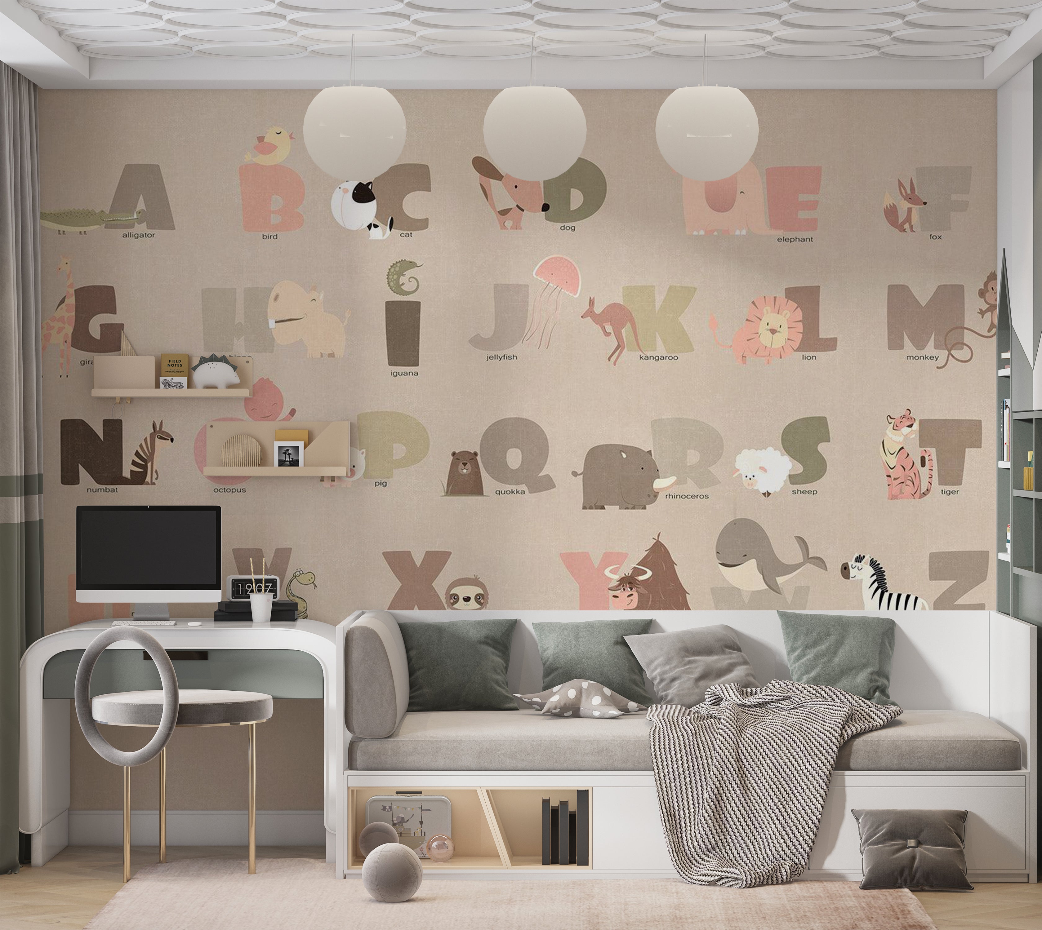 Kids Wallpaper Wall Mural - Beige Alphabet 39"Wx27"H / Standard