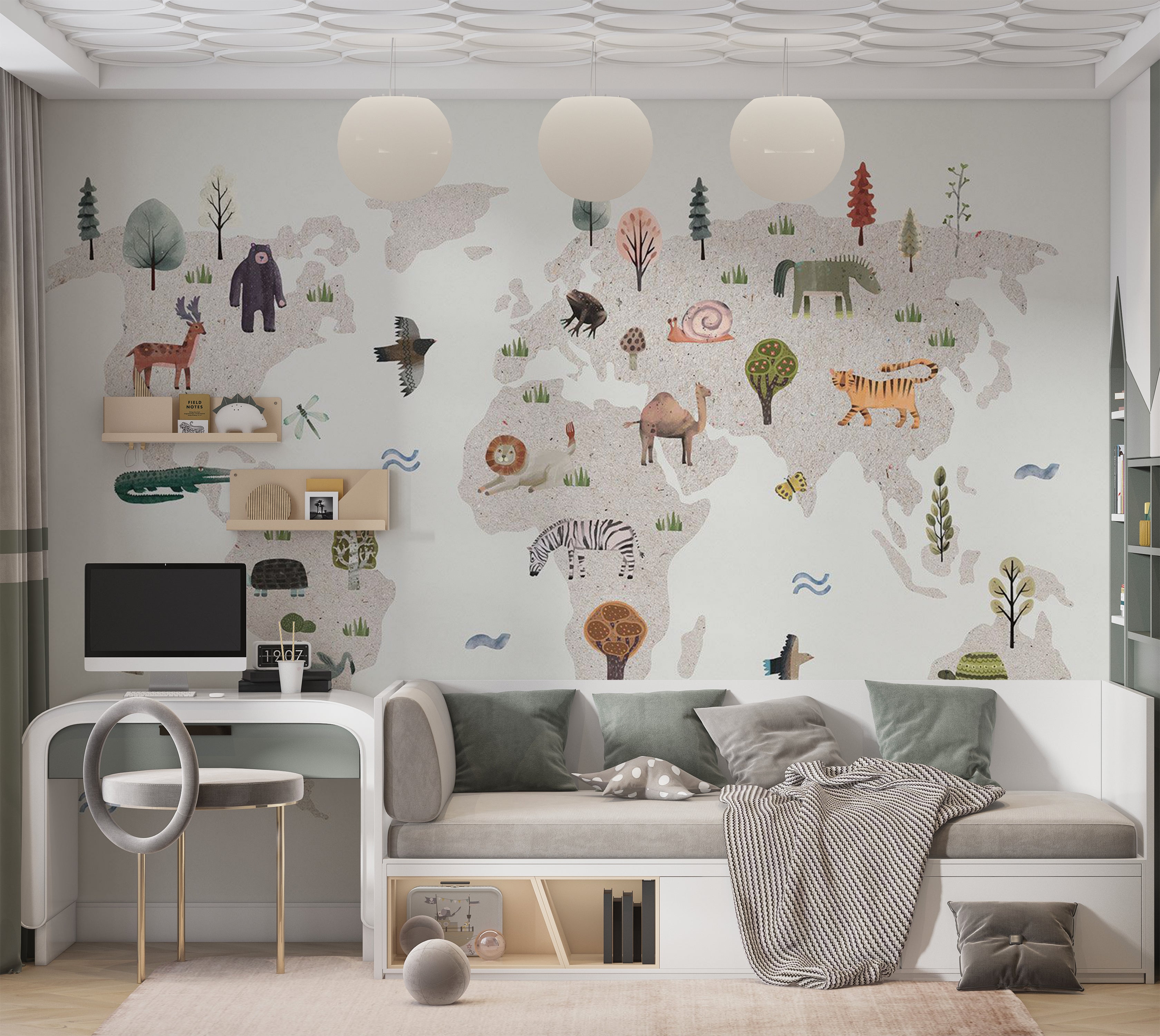 Kids Wallpaper Wall Mural - Beige World Map With Animals 39"Wx27"H / Standard