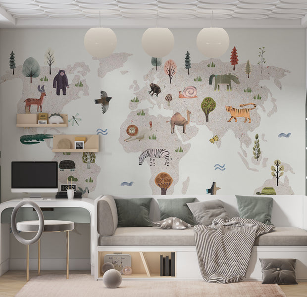 Kids Wallpaper Wall Mural - Beige World Map With Animals 39"Wx27"H / Standard