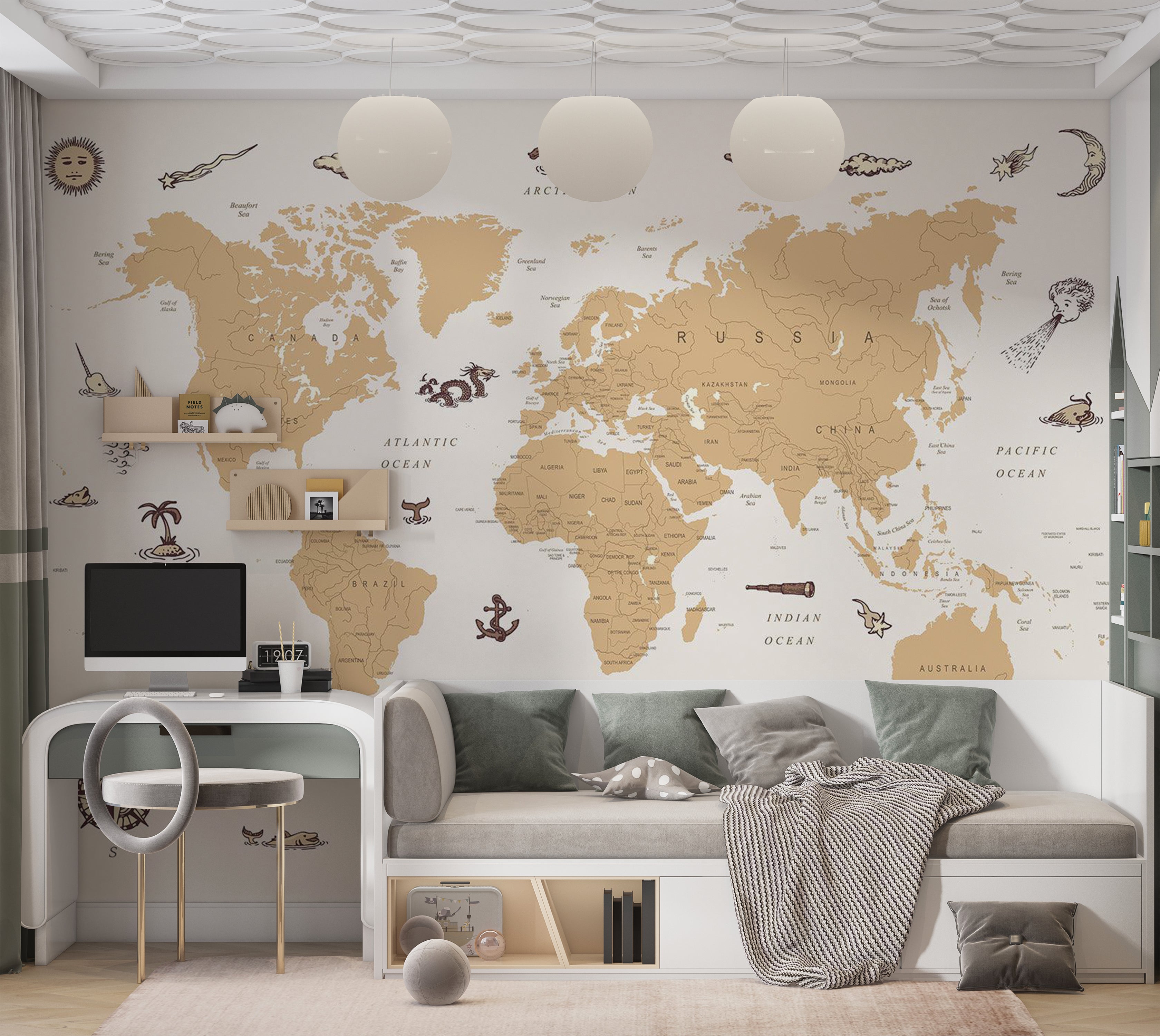 Kids Wallpaper Wall Mural - Countries With Pirate Illustrations 39"Wx27"H / Standard