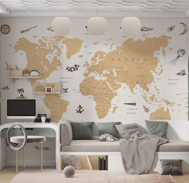 Kids Wallpaper Wall Mural - Countries With Pirate Illustrations 39"Wx27"H / Standard