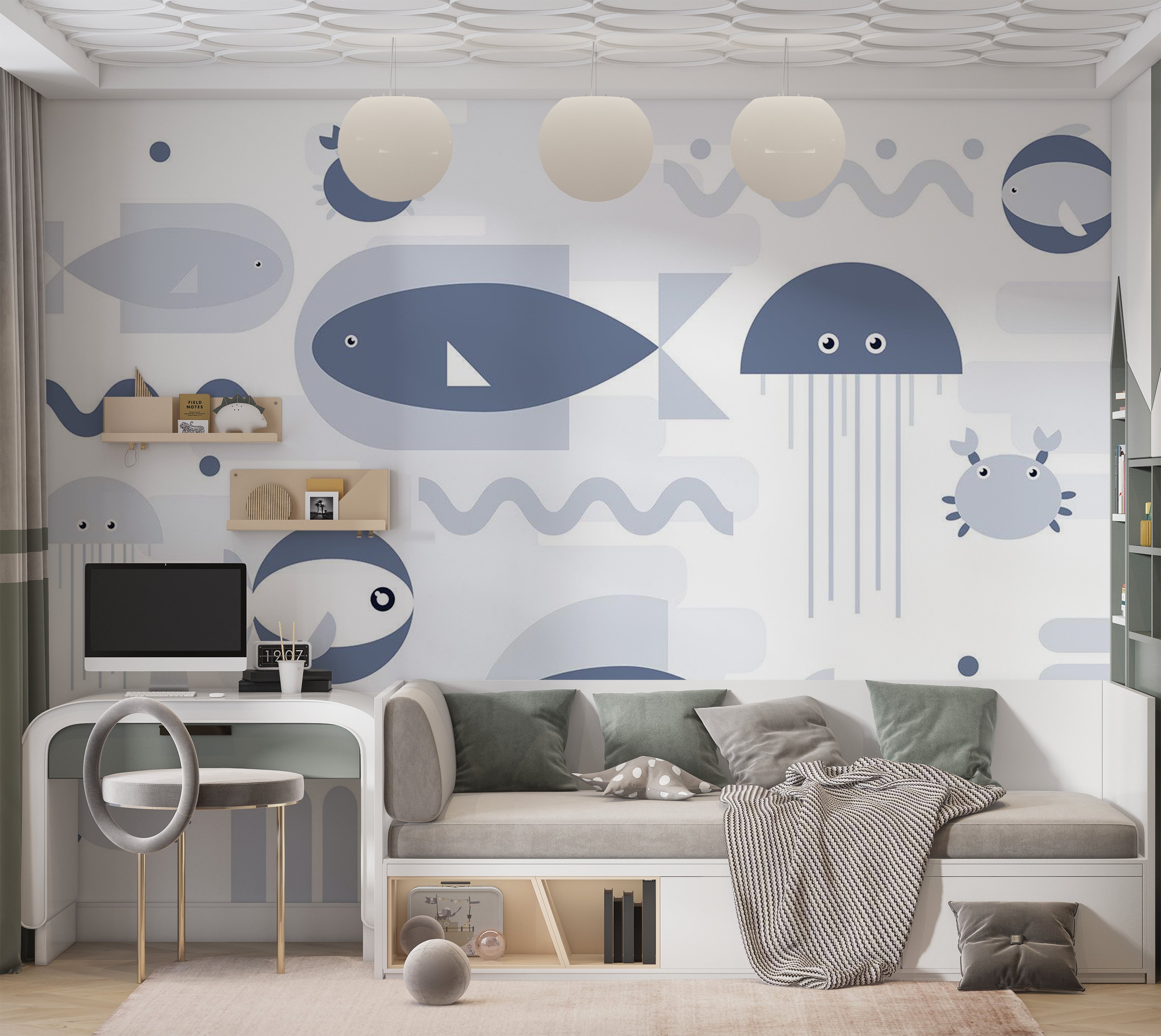 Kids Wallpaper Wall Mural - Geometric Fish and Crabs 39"Wx27"H / Standard