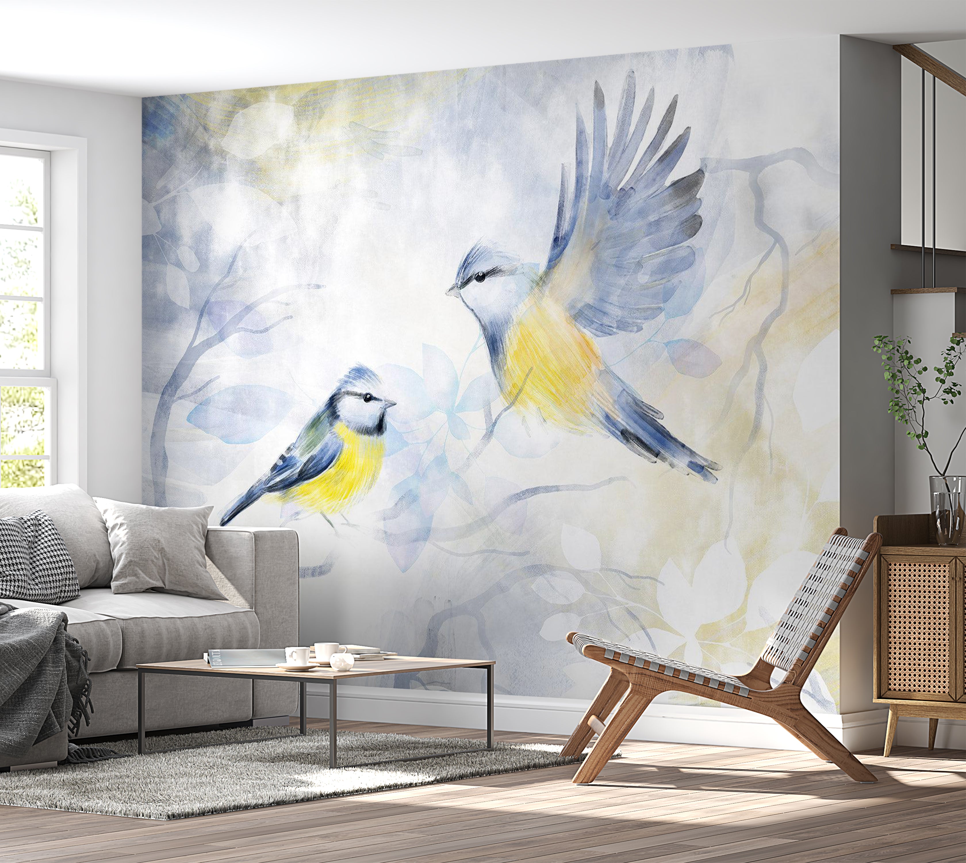 Animal Wallpaper Wall Mural - Watercolor Birds Blue 39"Wx27"H / Standard