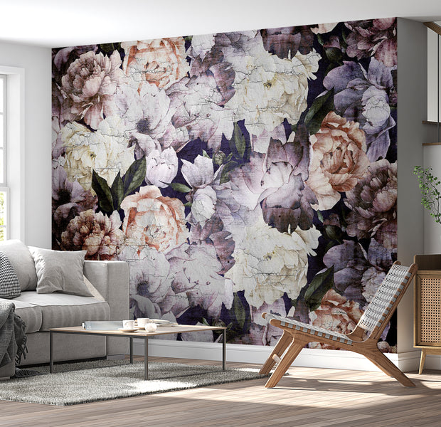 Floral Wallpaper Wall Mural - Retro Flower Motif 39"Wx27"H / Standard